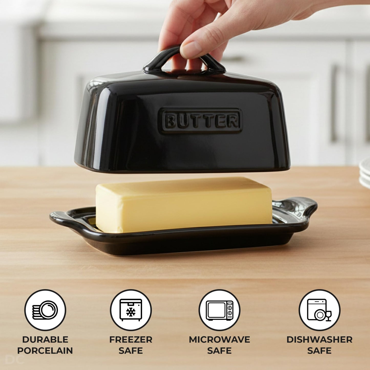 Zulay Butter Dish with Lid – Large 1 lb Canadian Size, Black Porcelain Butter Tray & Butter Container for Countertop or Refrigerator - Black