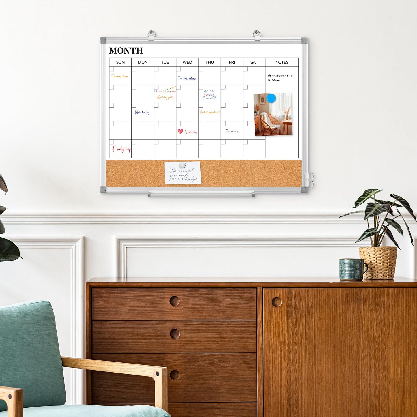 Dry Erase Calendar & Cork Board Combo 36"x24", Double-Sided Magnetic Whiteboard for Wall, Large Monthly Planner with 3-in-1 Versatility, Aluminum Frame Memo Board for Home, Office & School