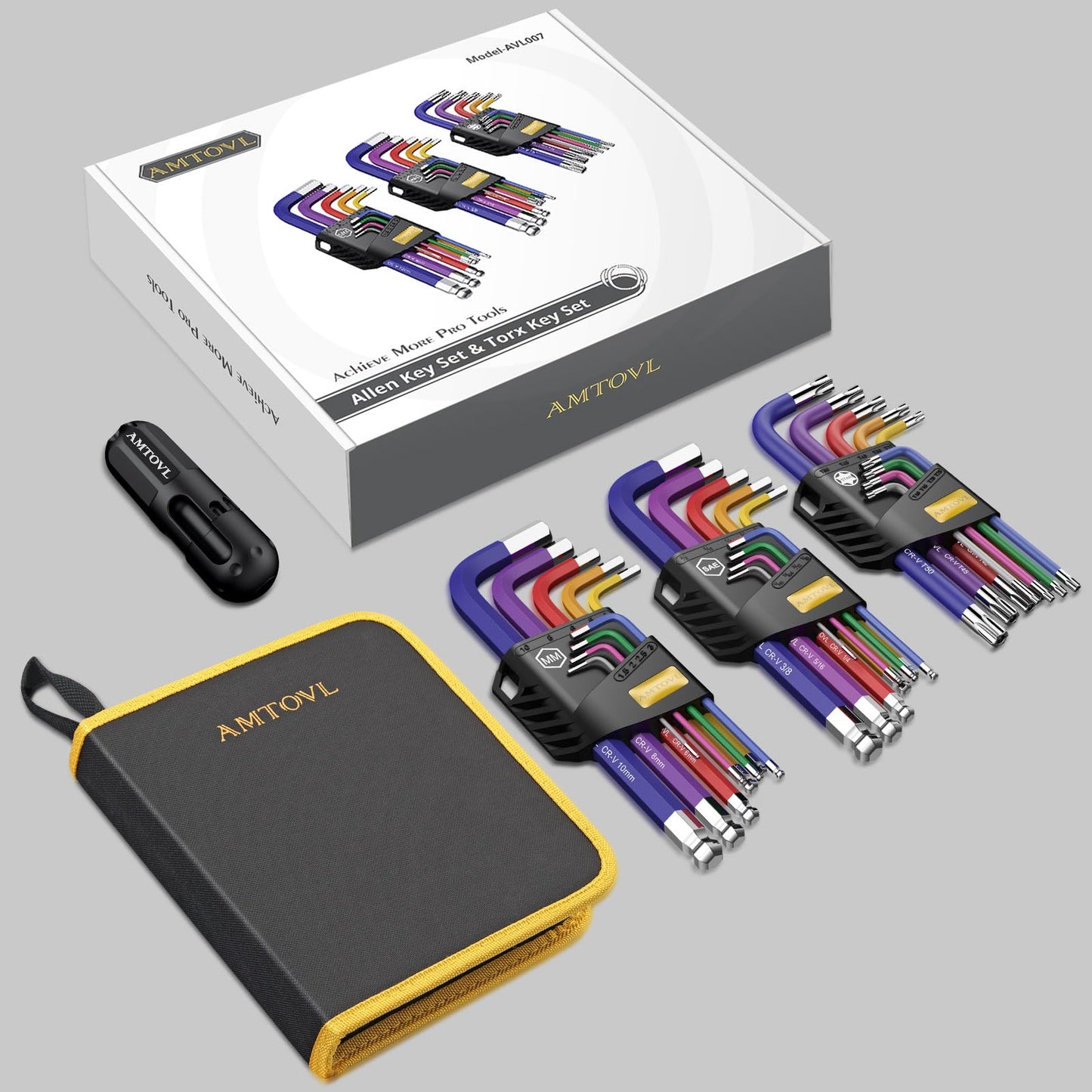 AMTOVL 27PCS Allen Key Set - Metric & SAE Allen Wrench Set, Extra Long Ball & Star End Hex Keys with T-Handle & Color Coding for Bicycle, Household DIY