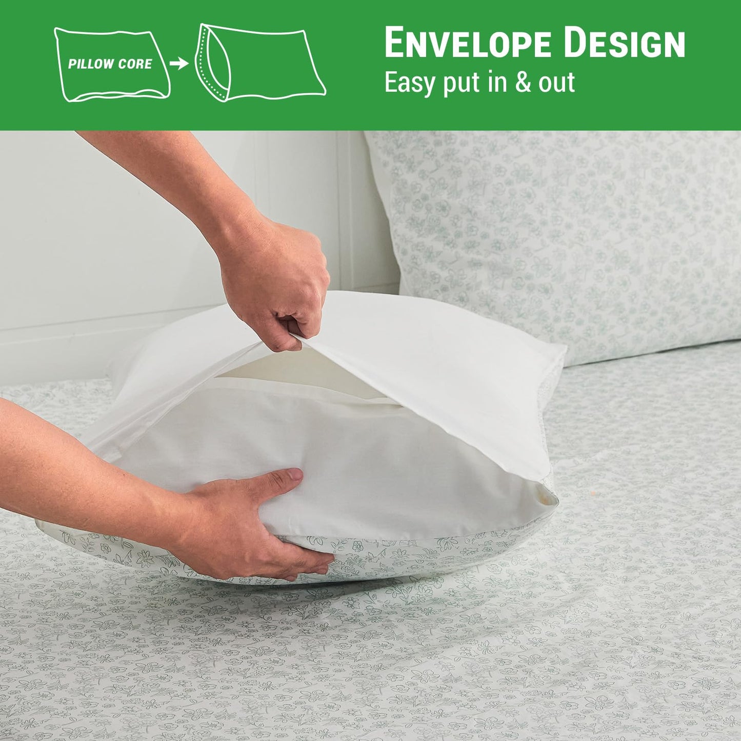 Gogreen 100% Cotton Sheet Set Queen Size, Light Geen Floral, 4PC Set, Breathable Bed Sheet for Hot Sleeper and Night Sweats, Deep Pocket Up to 16 Inches