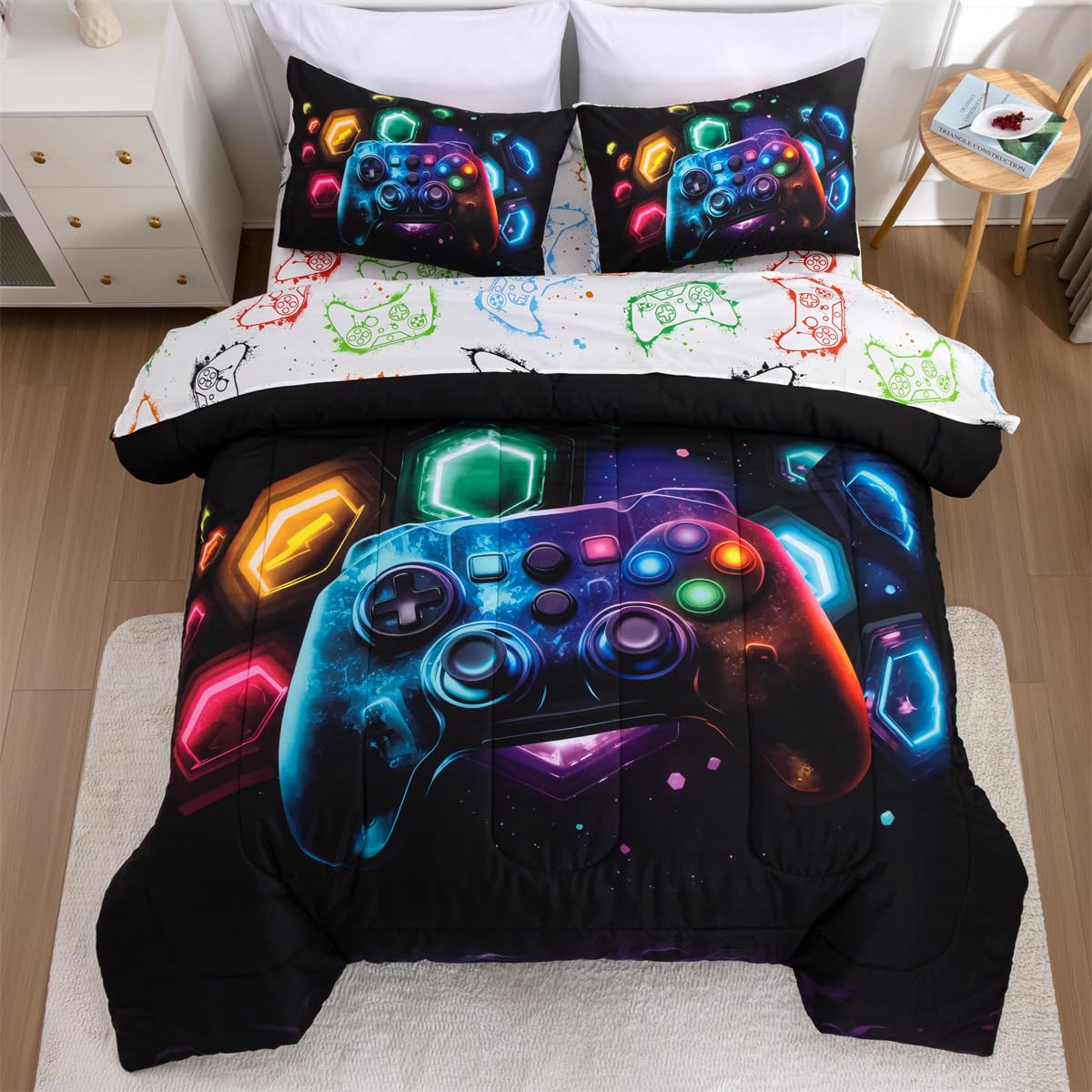 NTBED Game Console Comforter Set for Boys Girls Kids Space Universe Gaming Geometric Lightweight Microfiber Gamer Bedding Sets (Multi, Twin 5Pcs)