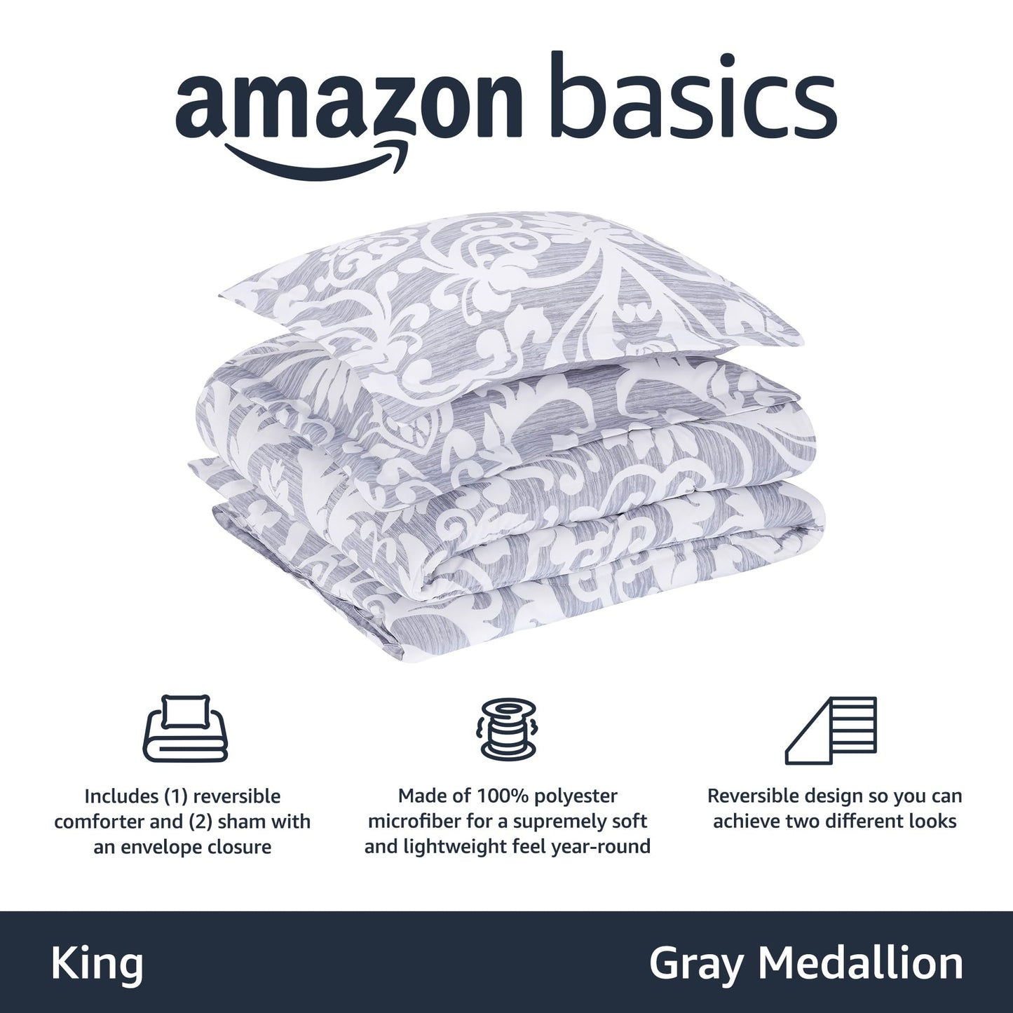 Amazon Basics Ultra-Soft Light-Weight Microfiber Reversible Comforter Bedding Set - Ikatlink King, Gray Medallion