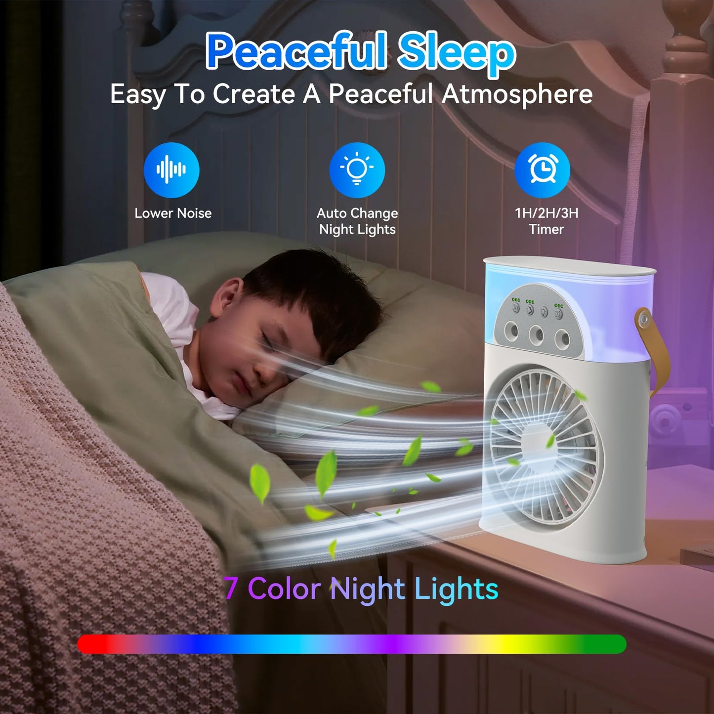 Portable Air Conditioner Cooling Fan, Rechargeable Mini Evaporative Personal Air Cooler Fan with 3 Speeds and 2 Spray, 1/2/3H Timer, 7 Night Light, for Room Bedroom, Office, Desk