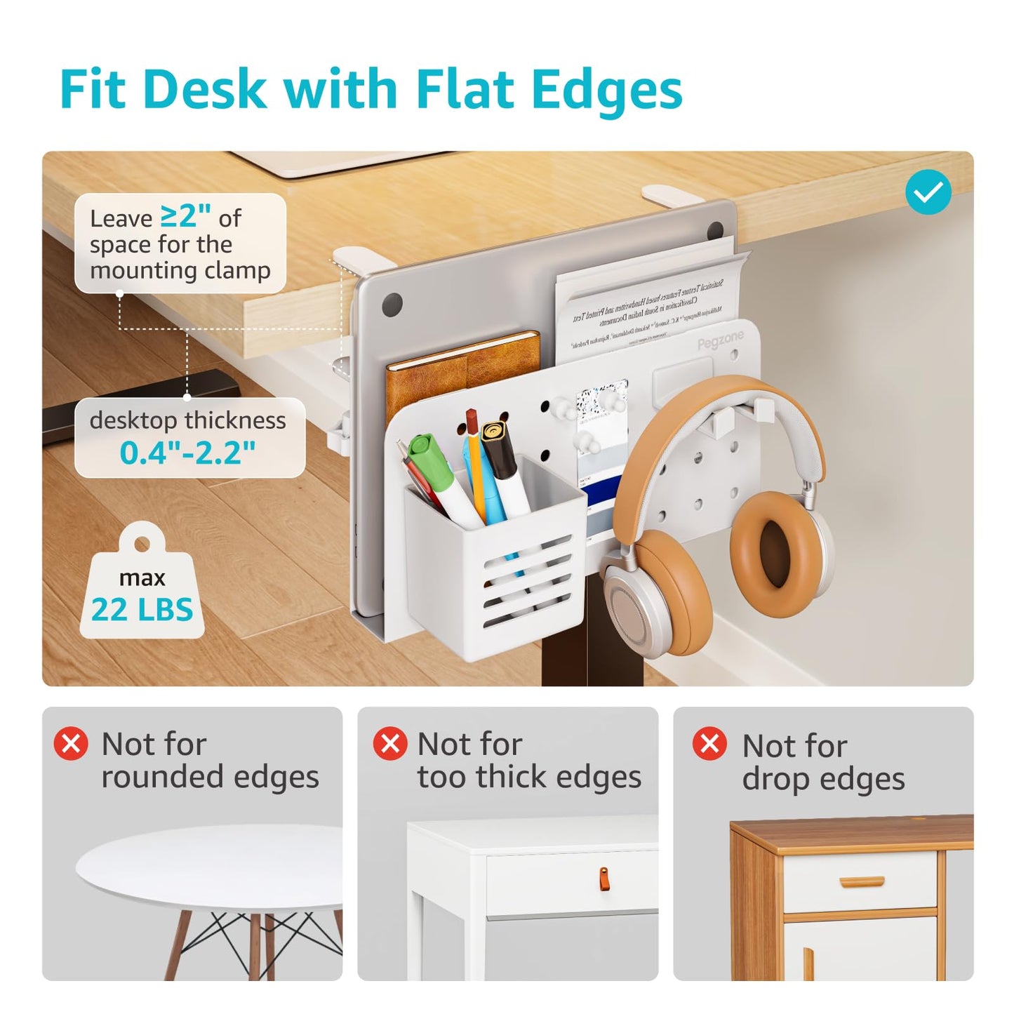 PEGZONE Desk Side Storage Organizer, No Drill Under Desk Laptop Holder, Clamp on Desks Shelf with Pegboard Accessories, Hanging Laptop Mount, Fits Flat Edge 0.4" to 2.2", White