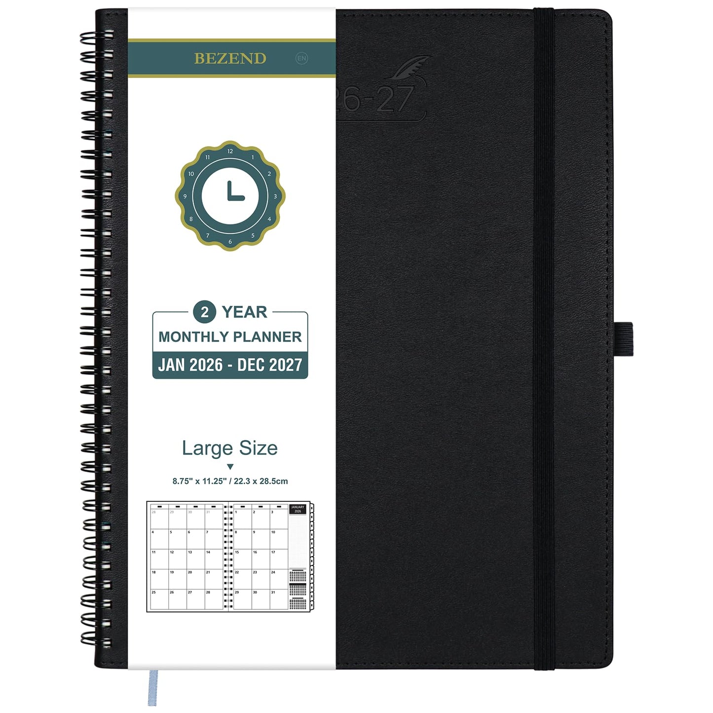 BEZEND Monthly Planner 2026-2027 (Spiral-8.5" x 11"), 2 Year Agenda with Note Pages -Jan 26 to Dec 27 Calendar with Laminated Tabs, 120 GSM Paper, Inner Pockets, Vegan Leather Softcover -Black