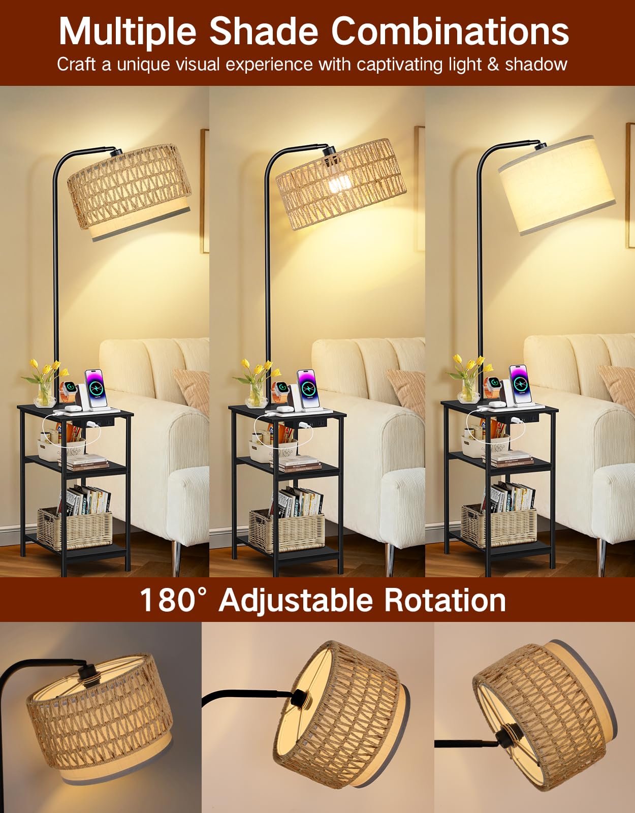 OUTONLIFE Floor Lamp with Table & Rattan Shade, Side End Table with Charging Station, Dimmable Nightstand with 3 Color Temperatures, 1-Hour Timer, 12W LED Bulb, for Living Room, Bedroom(Black)