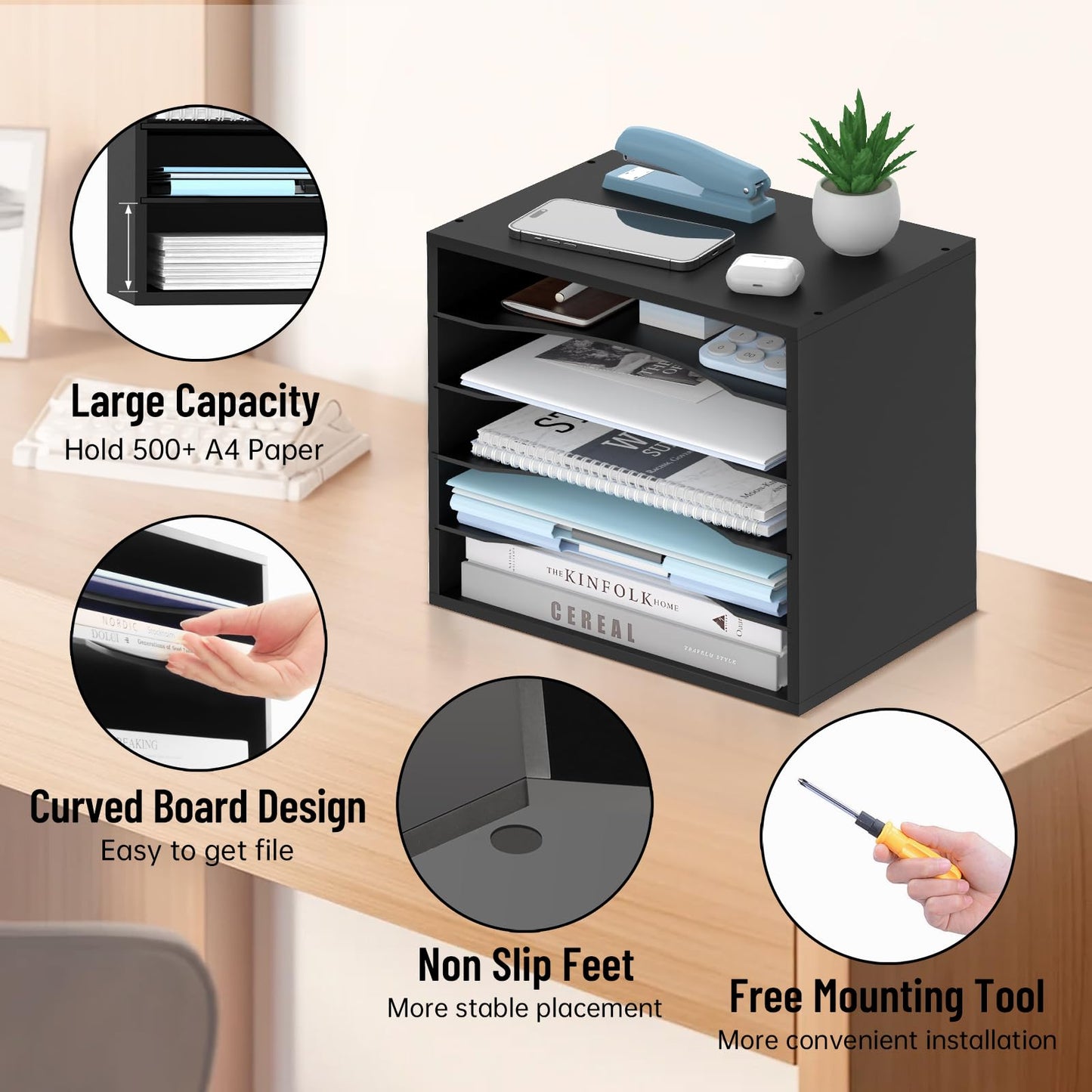 SHARKWOODS 5-Tier Wood Desk Organizer, Paper Sorter for Desktop with Adjustable Storage Shelves, Desktop Mail Holder for Office Home Classroom, Black
