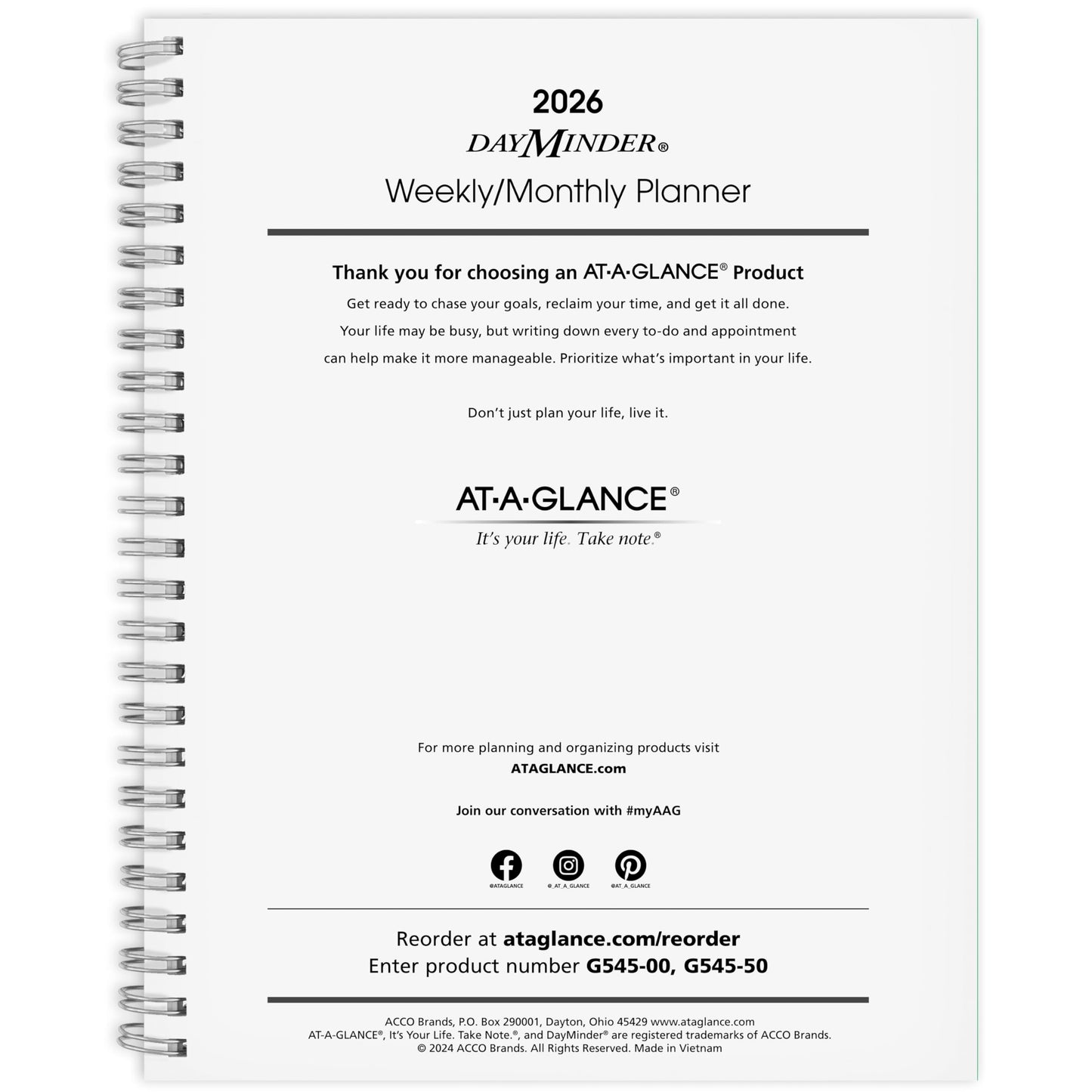 AT-A-GLANCE 2026 Planner Refill, Weekly & Monthly, 7" x 8.75", Medium, Executive, DayMinder, Refill for G545 Line Planners (G5455026)