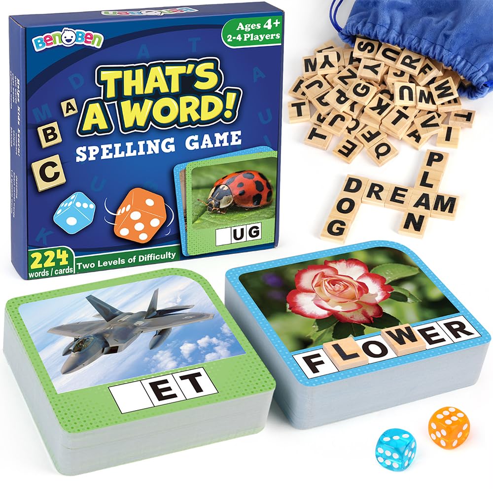 BenBen Spelling Games with 224 Flashcards, 2-4 Players, Learning Games for Kids Ages 4-8, Educational Autistic Toys for Kindergarten 1st 2nd 3rd Grade, Preschool Autism Classroom Must Haves