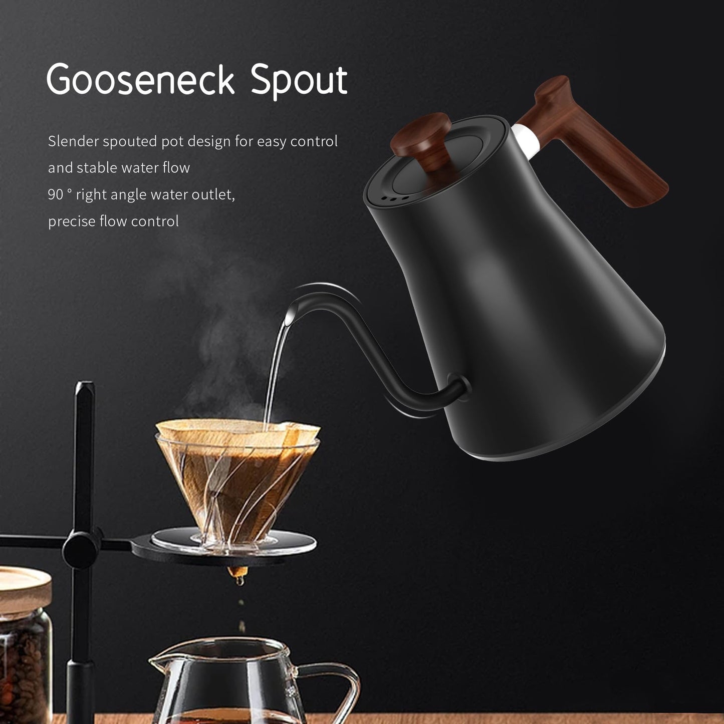 TanChihl Electric Gooseneck Kettle 304 Stainless Steel Electric Tea Kettle 0.9L Temperature Control Pour-Over Coffee and Tea Pot Quick Heating Hot Water Boiler (Black)