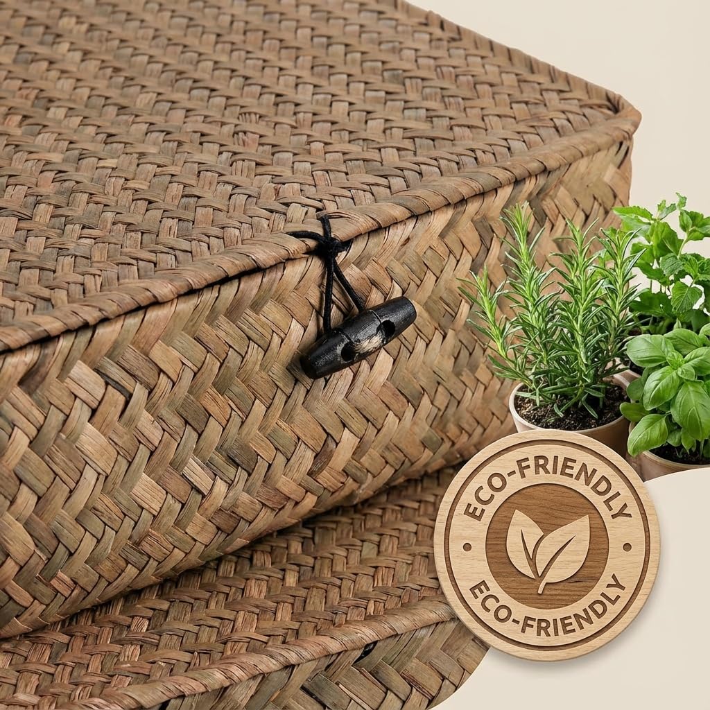 Elsjoy 2 Pack Flat Seagrass Storage Bins with Lid, Wicker Woven Storage Basket Set, Rattan Organizer Bins for Shelf, Closet, Bedroom
