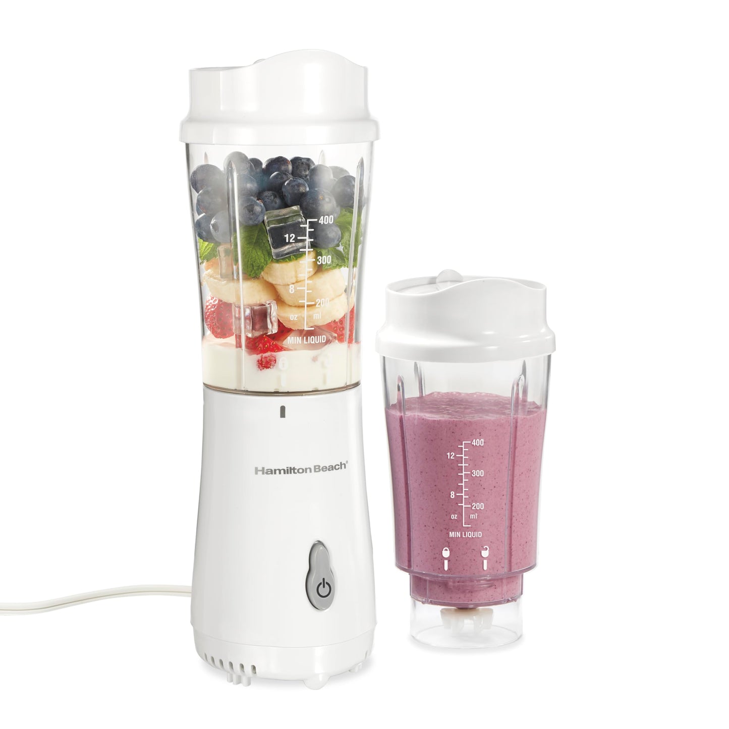Hamilton Beach Personal Blender for Smoothies & Protein Shakes, Portable Single Serve Blender with 2 Travel Jars & Lids, 14 oz BPA-Free Cups, Stainless Steel Blades, 300W, White, 51102G