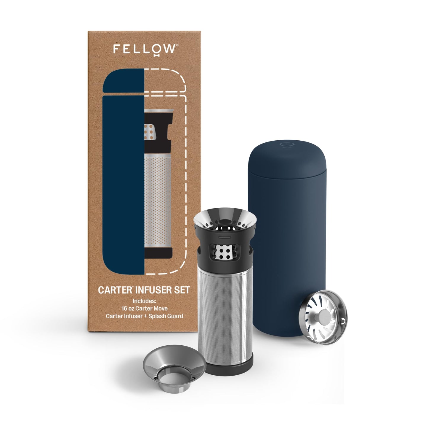 Fellow Carter Tea + Cold Brew Infuser & Carter Move 16 oz Tumbler Set - Steep Tea On-The-Go - Vacuum-Insulated Stainless Steel Travel Mug Snap-in Infuser for Steeping, Cold Brew, Stone Blue