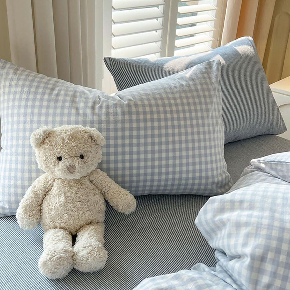 Nayoroom Blue Gingham Duvet Cover Queen Size Plaid Checkered Farmhouse Comforter Cover 3 Pcs Soft Breathable Washed Microfiber Grid Bedding Set with Pillow Shams