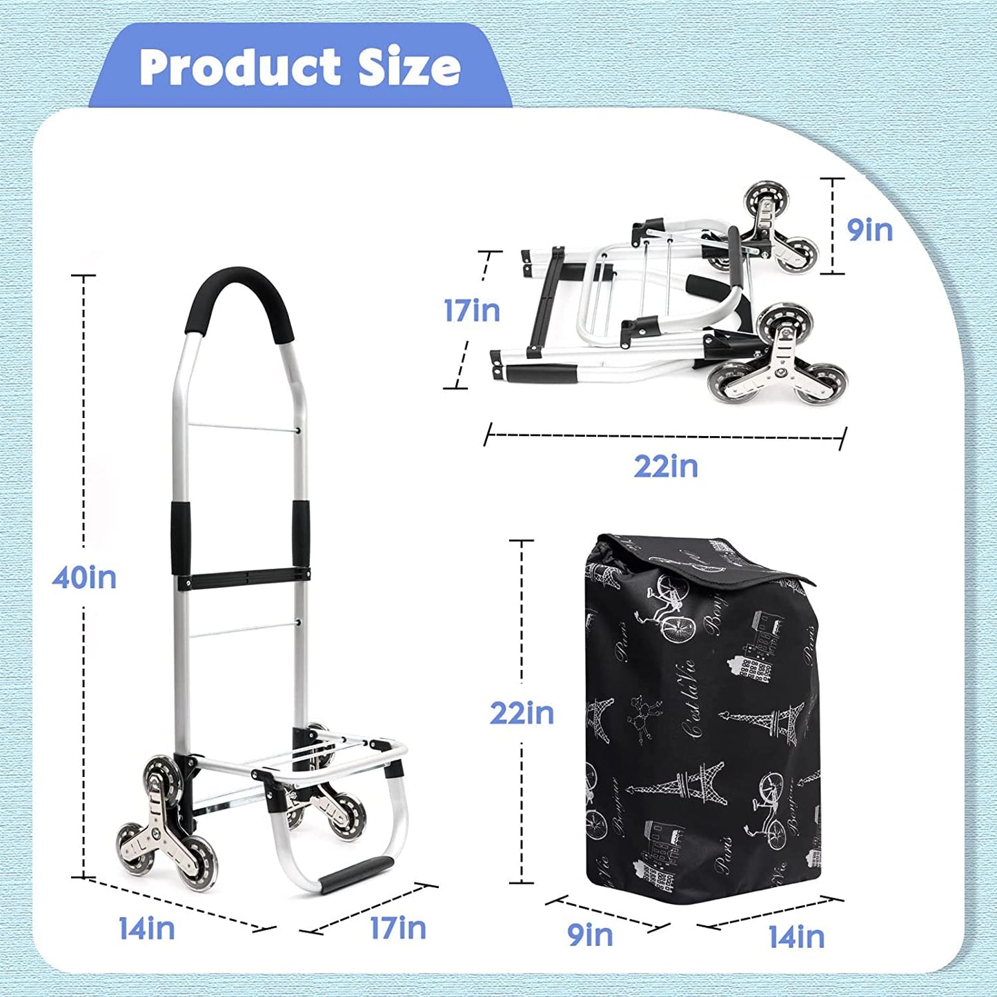 Folding Shopping Trolley Grocery Cart with Removable Waterproof Canvas Bag and Stair Climbing Wheels Super Loading Portable Utility Cart