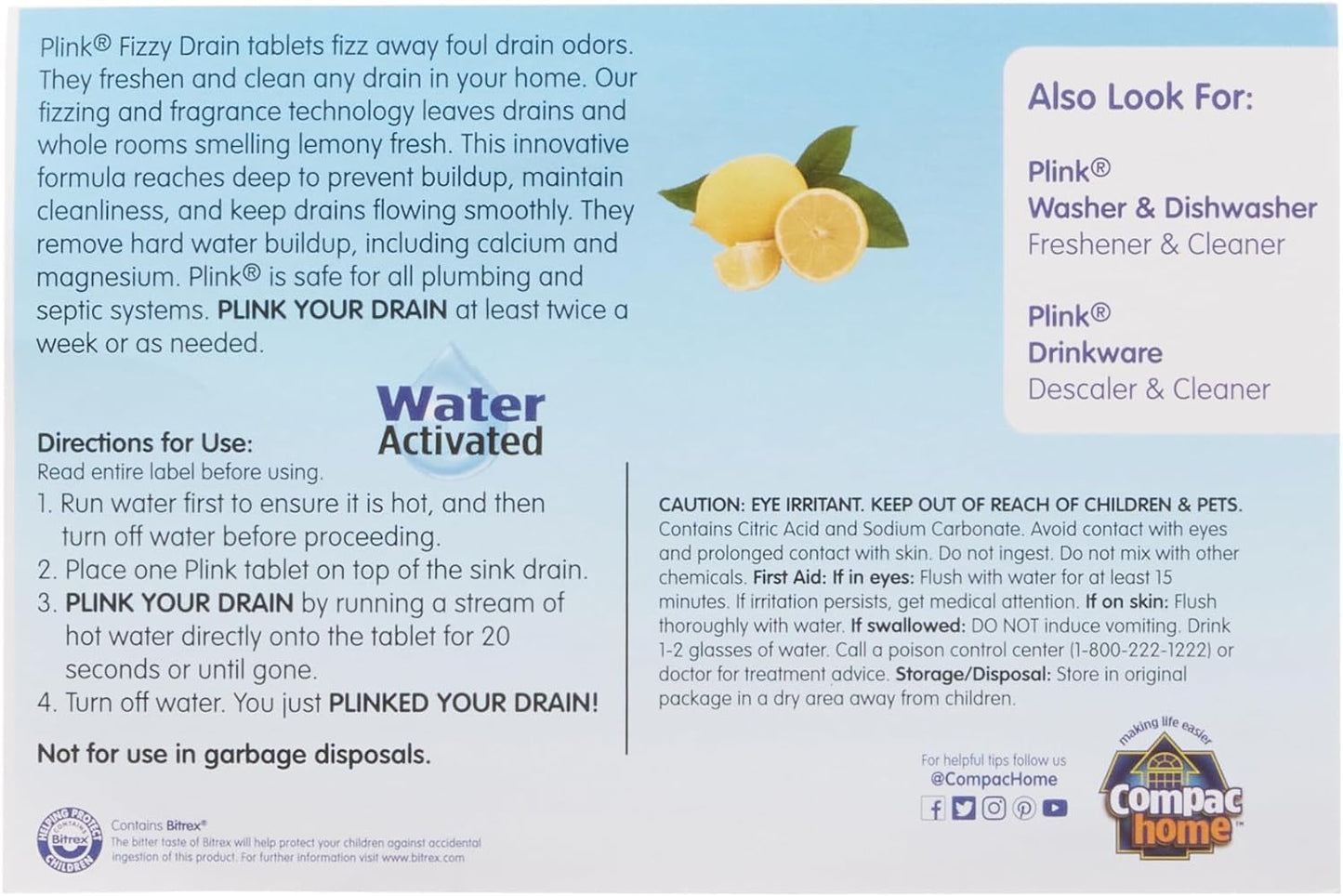 COMPAC HOME Plink Fizzy Drain Cleaner and Deodorizer, Air Fresheners for Kitchen Sink, Home Accessory Cleaning Products for Kitchen, Drain Cleaner, Lemon, 6 Count (Pack of 8), 48 Tablets
