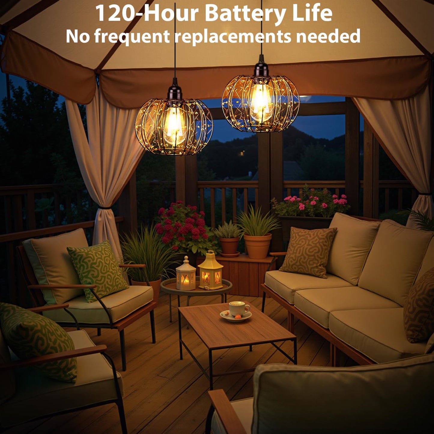 All Fortune Battery Operated Hanging Outdoor Chandelier, Battery Operated Gazebo Pendant Light Outdoor Waterproof, No Wiring, Powered by 4 AA Batteries, for Gazebo, Porch, Pergola, Decor Lighting (2)