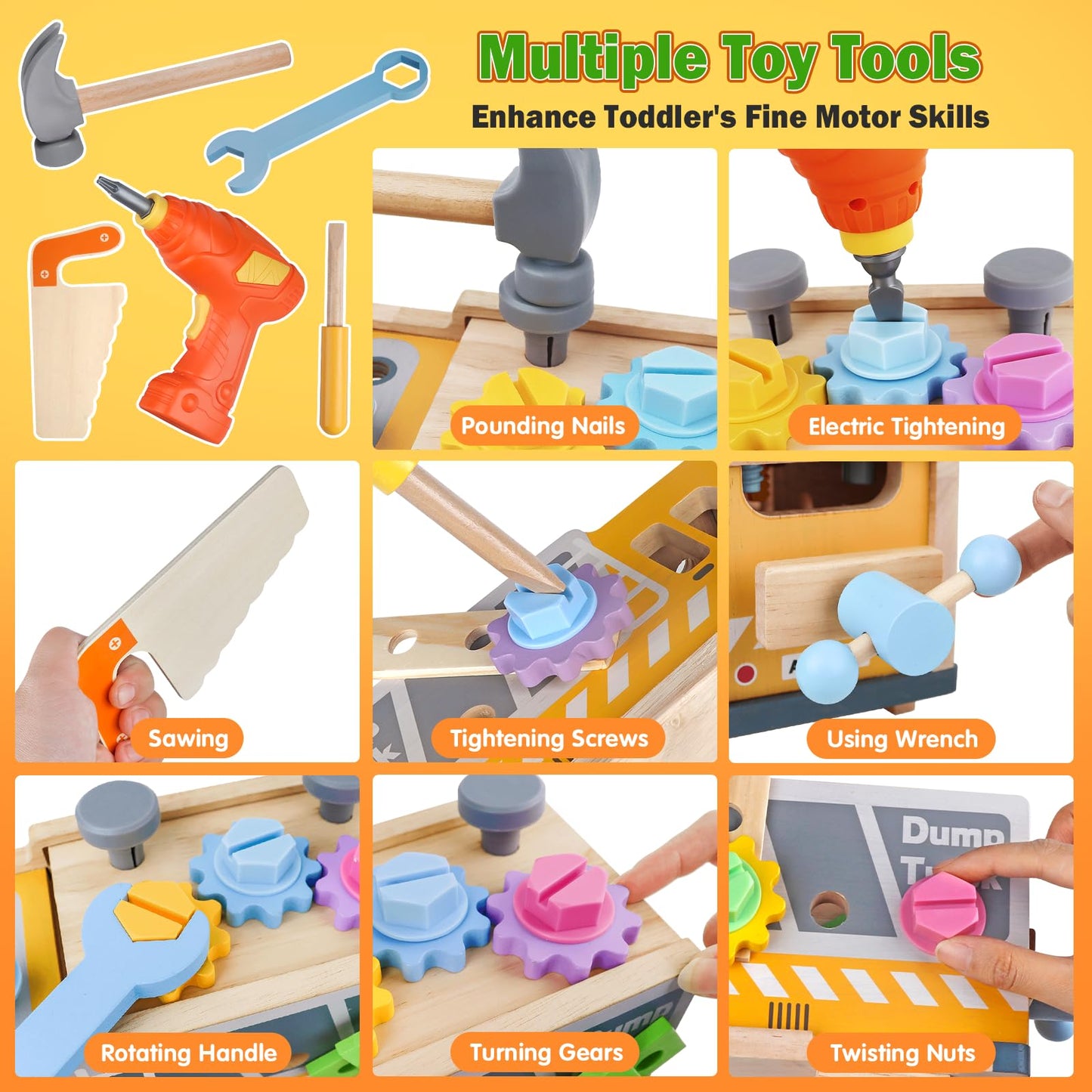 Aliex 38PCS Kids Wooden Truck Tool Set with Toy Drill for Toddlers Ages 3 4 5 6 ,Montessori STEM Educational Learning Construction Workbench Pretend Play Tool Kit,Birthday Sensory Gift for Boys Girls