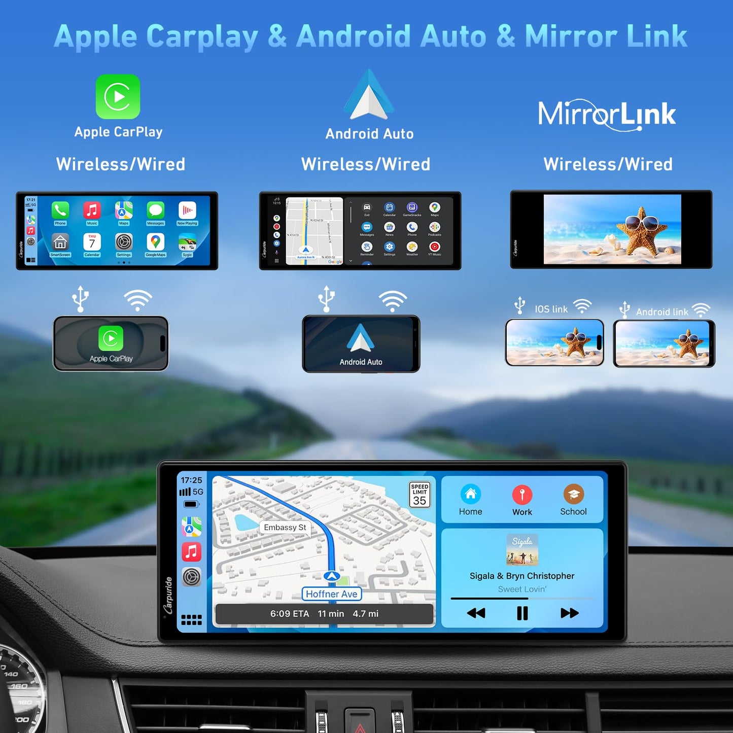 CARPURIDE 9.3 Inch Carplay Screen for Car, Compatible with Wireless/Wired Apple CarPlay, Android Auto and Mirror Link - Bluetooth Audio, Navigation,Siri, Backup Cam, FM Range 2402-2480MHz
