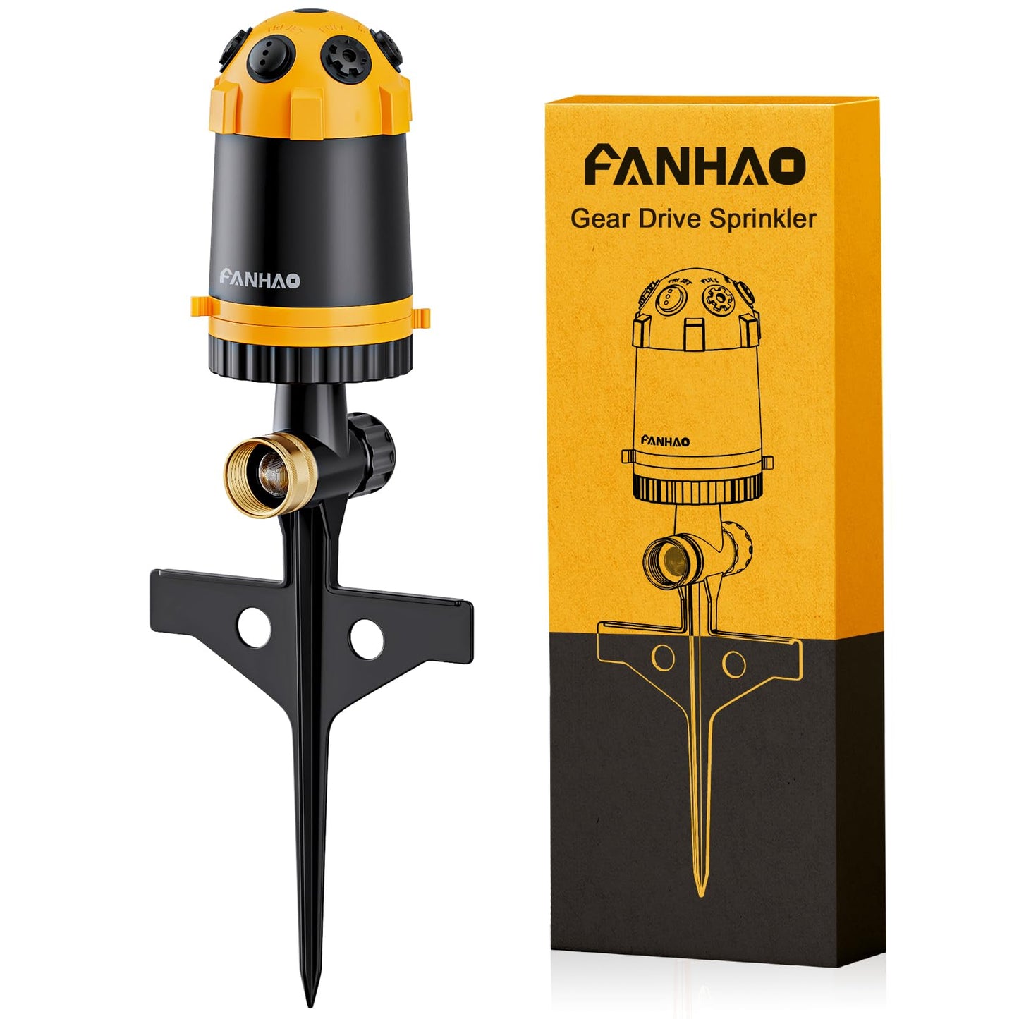 FANHAO Gear Drive Lawn Sprinkler with Metal Spike Base, 6-Pattern Heavy Duty Water Sprinkler System, Multi-Adjustable Irrigation Sprinkler for Large Yard Area Watering, Garden Plant and Flower Bed