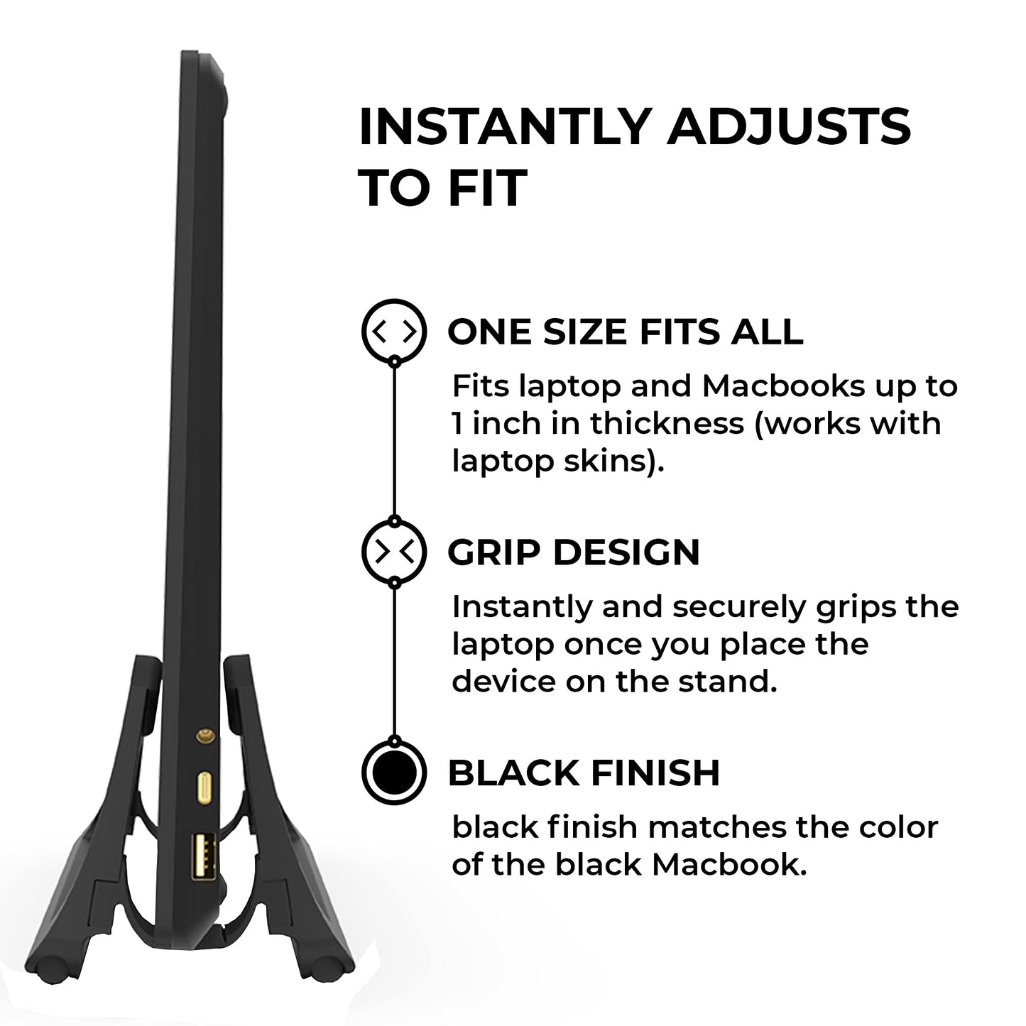 HumanCentric Vertical Laptop Stand for Desks in Matte Black, Upright Adjustable Holder to Dock Apple MacBook, MacBook Pro, and Other Laptops to Organize Work & Home Office, Automatic Grip