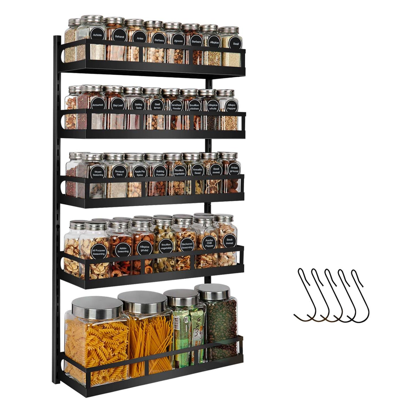 X-cosrack Wall Mount Spice Rack Organizer 5 Tier Height-Adjustable Hanging Spice Shelf Storage for Kitchen Pantry Cabinet Door, Dual-Use Seasoning Holder Rack with Hooks, Black-Patent Pending