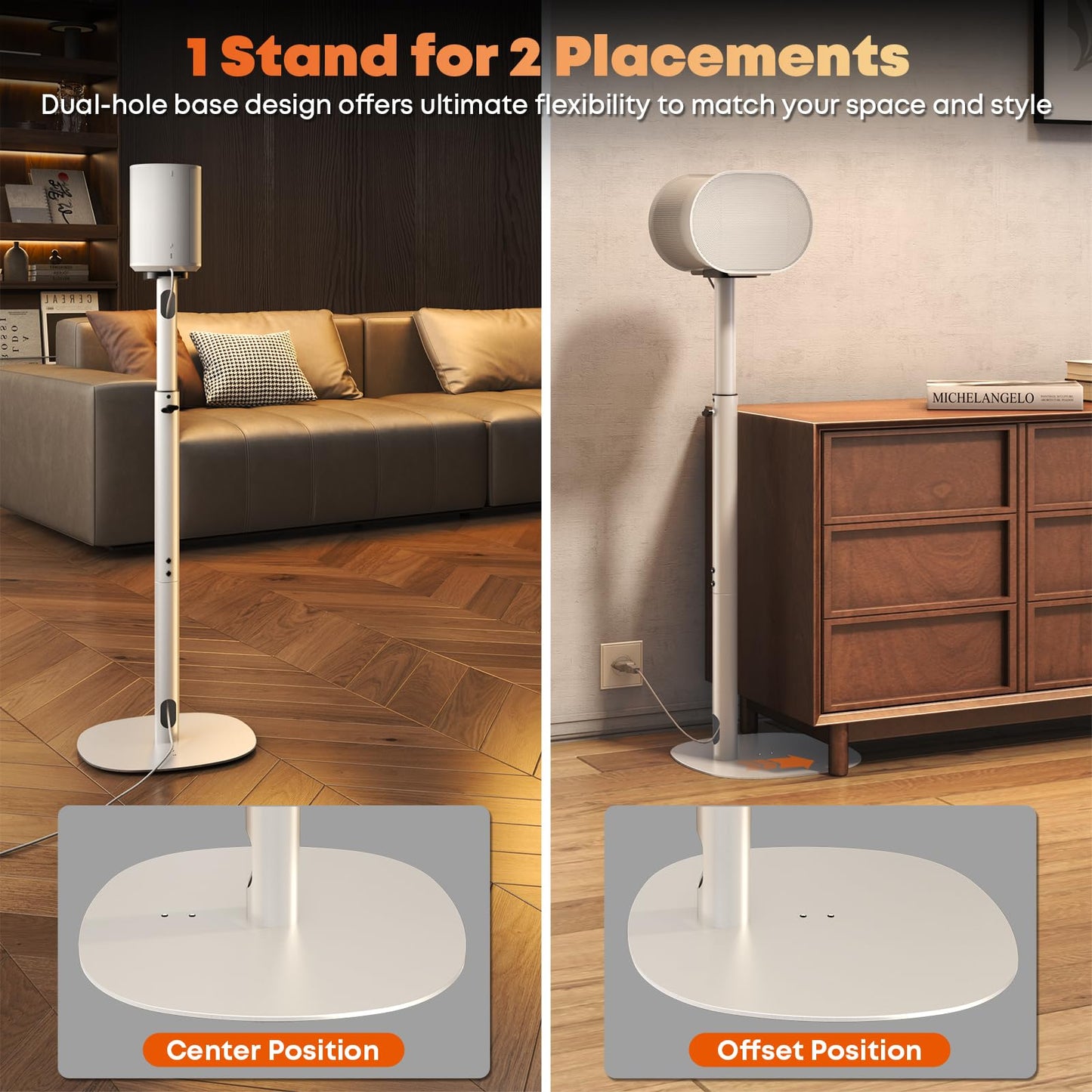 Speaker Stands for Sonos Era-100 & Era-300 - Height Adjustable Floor Stands 29.1''–39'', Dual-Mount Base for Space-Saving Placement, Concealed Cable Management, 11 lbs Max Load, 1 Pair, White
