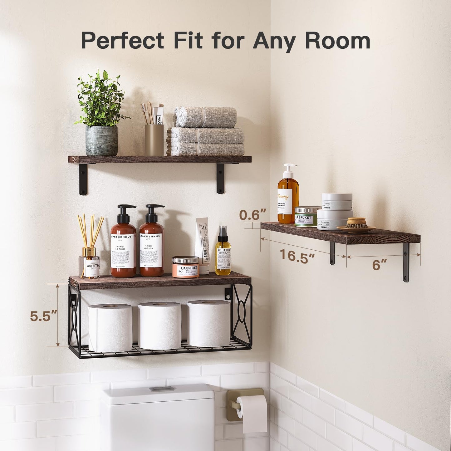 AMADA HOMEFURNISHING Bathroom Shelves with Storage Basket, Floating Shelves for Home Organization & Wall Decor, 3 Set Natural Wood Wall Shelf for Bathroom/Bedroom/Kitchen etc