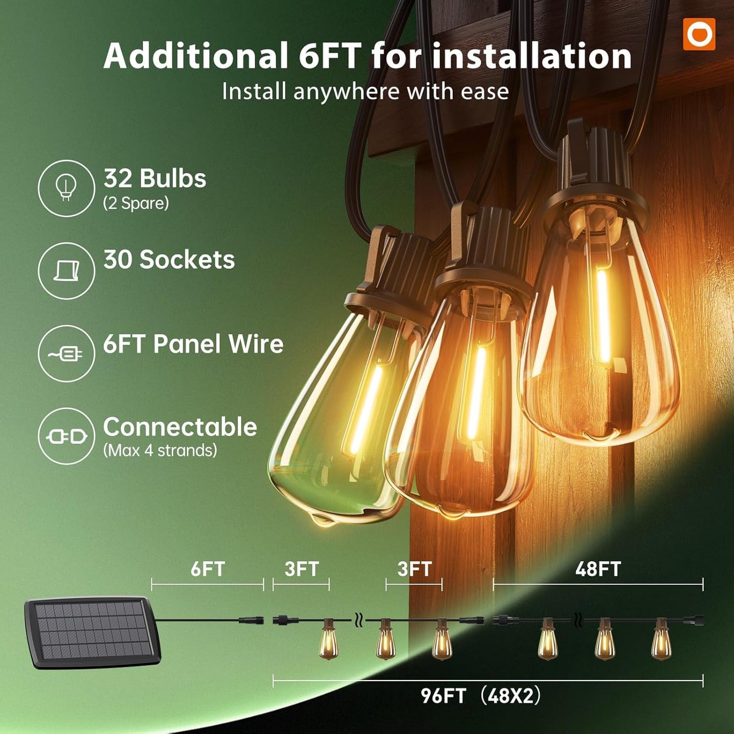 addlon 102FT(96+6) Solar String Lights Outdoor with Remote, Waterproof Patio Lights with 30+2 Shatterproof LED Bulbs, Dimmable & Timable Long-Lasting Solar Lights for Backyard Camping Garden Decor