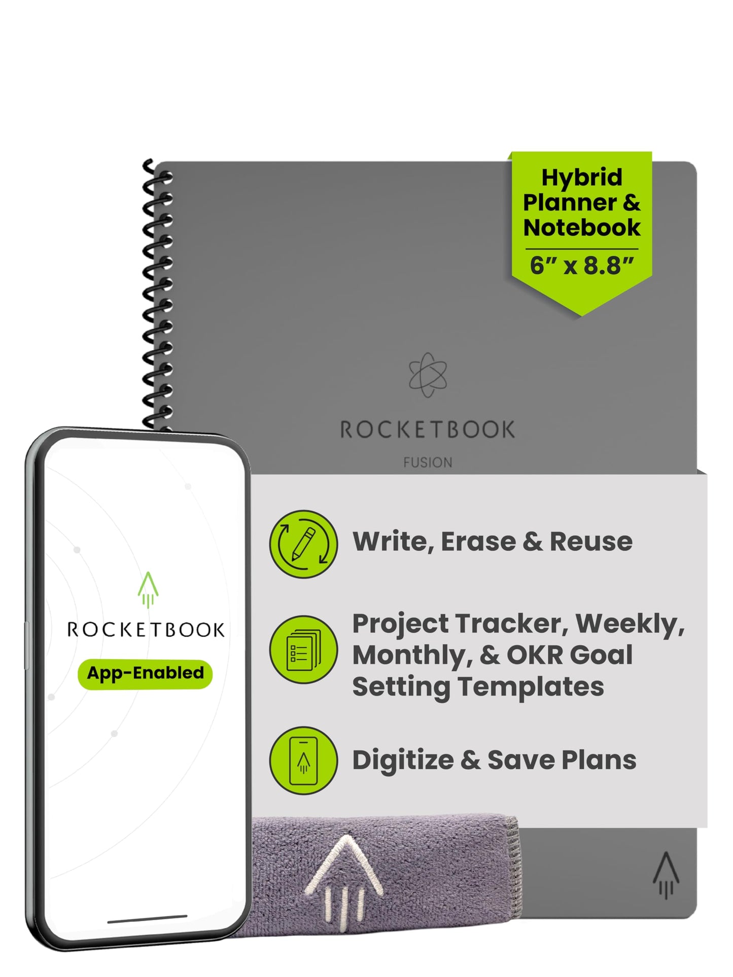Rocketbook Fusion Smart Reusable Notebook - Calendar, To-Do Lists, and Note Template Pages with 1 Pilot Frixion Pen and 1 Microfiber Cloth Included - Deep Space Gray Cover, Executive Size (6" x 8.8")