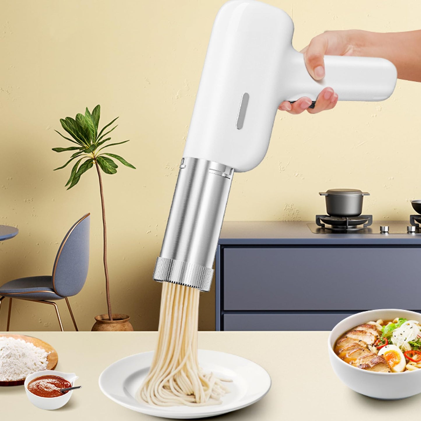 Pwshymi 1PCS Handheld Noodle Maker with 5 Pasta Mold for Making Different Shapes of Noodles, Automatic Electric Pasta Maker Machine, 2000mah Battery Operated for Home Use