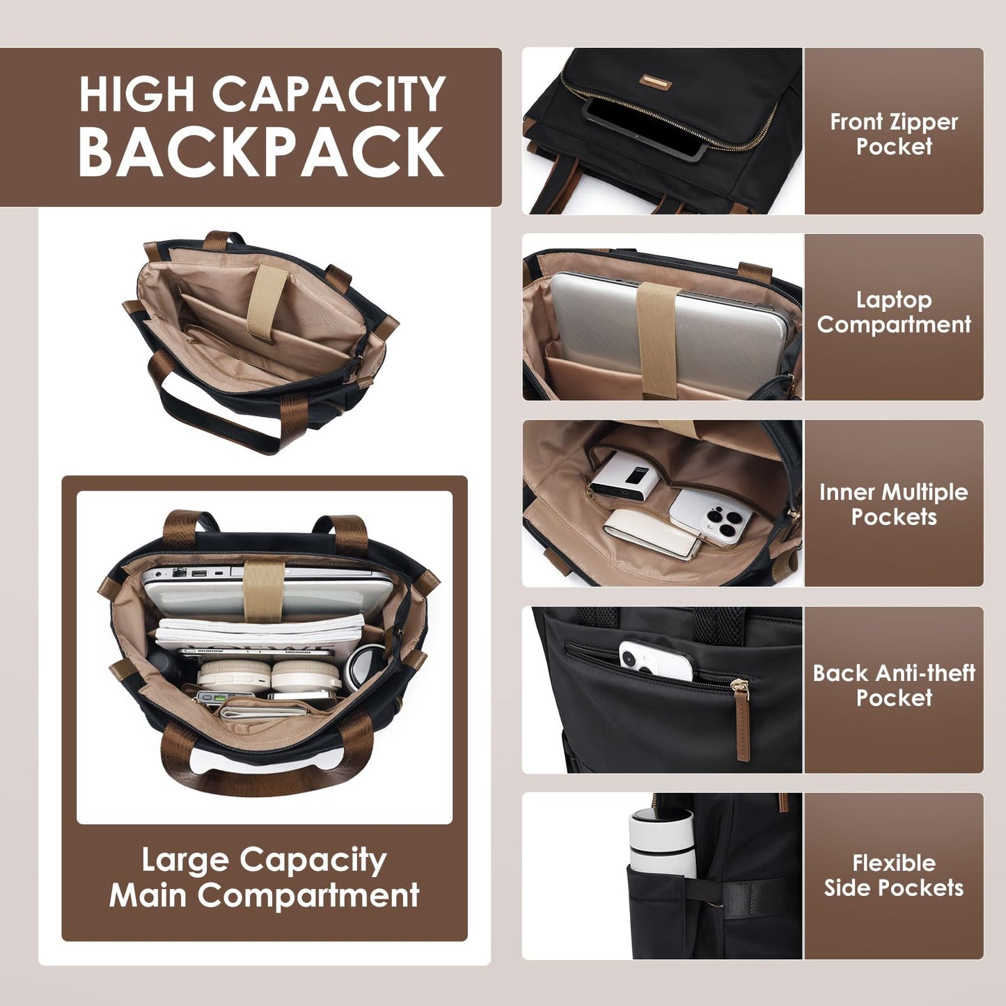 Convertible Laptop Backpack for Women Casual Daypack Notebook Tote Bag for Work College Travel Leisure (Black)