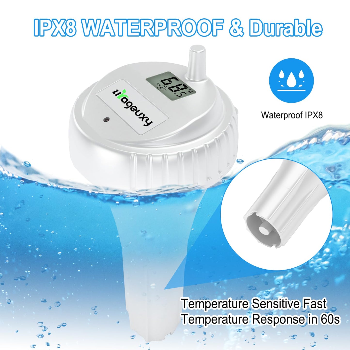 Urageuxy Swimming Pool Thermometer, Easy Read Floating Wireless Digital Water Thermometer, IPX8 Waterproof for Hot Tub/Ice Bath/Pond/Pools/Cold Diving/S