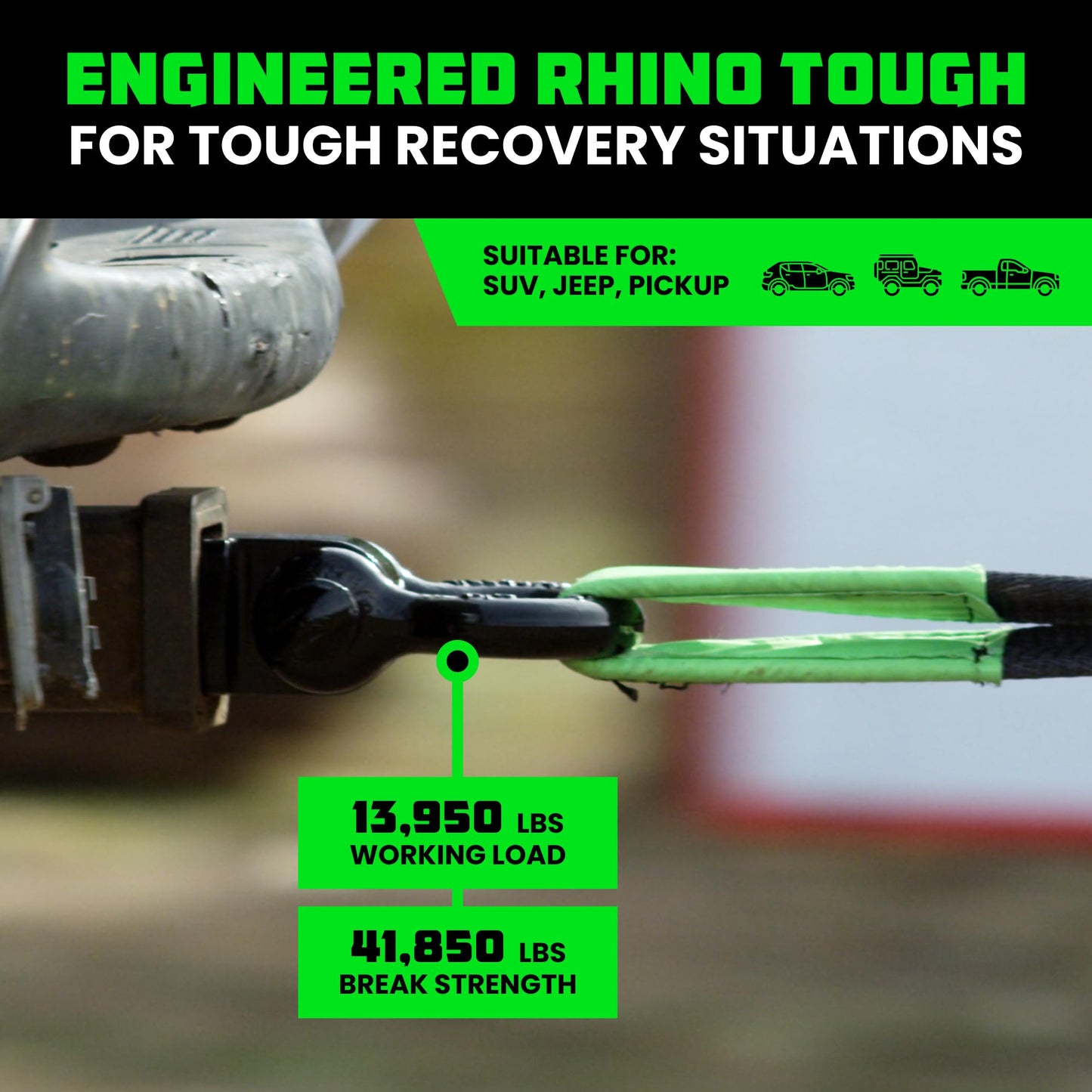 Rhino USA Shackle Hitch Receiver (Fits 2 Inch Receivers) Best Towing Accessories for Trucks, Jeep, Toyota & More - Connect Your Rhino Tow Strap for Vehicle Recovery, Mounts to 2 Inch Receiver Hitches