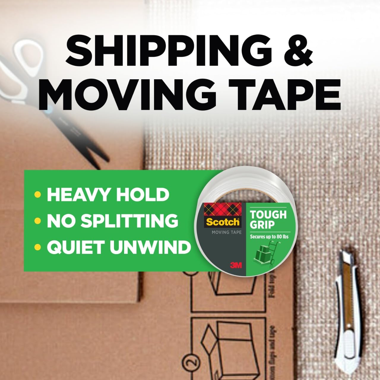 Scotch Tough Grip Moving Packing Tape, Clear, Moving Tape that Secures Boxes up to 80 Pounds, 1.88 in. x 43.7 yd., 6 Tape Rolls