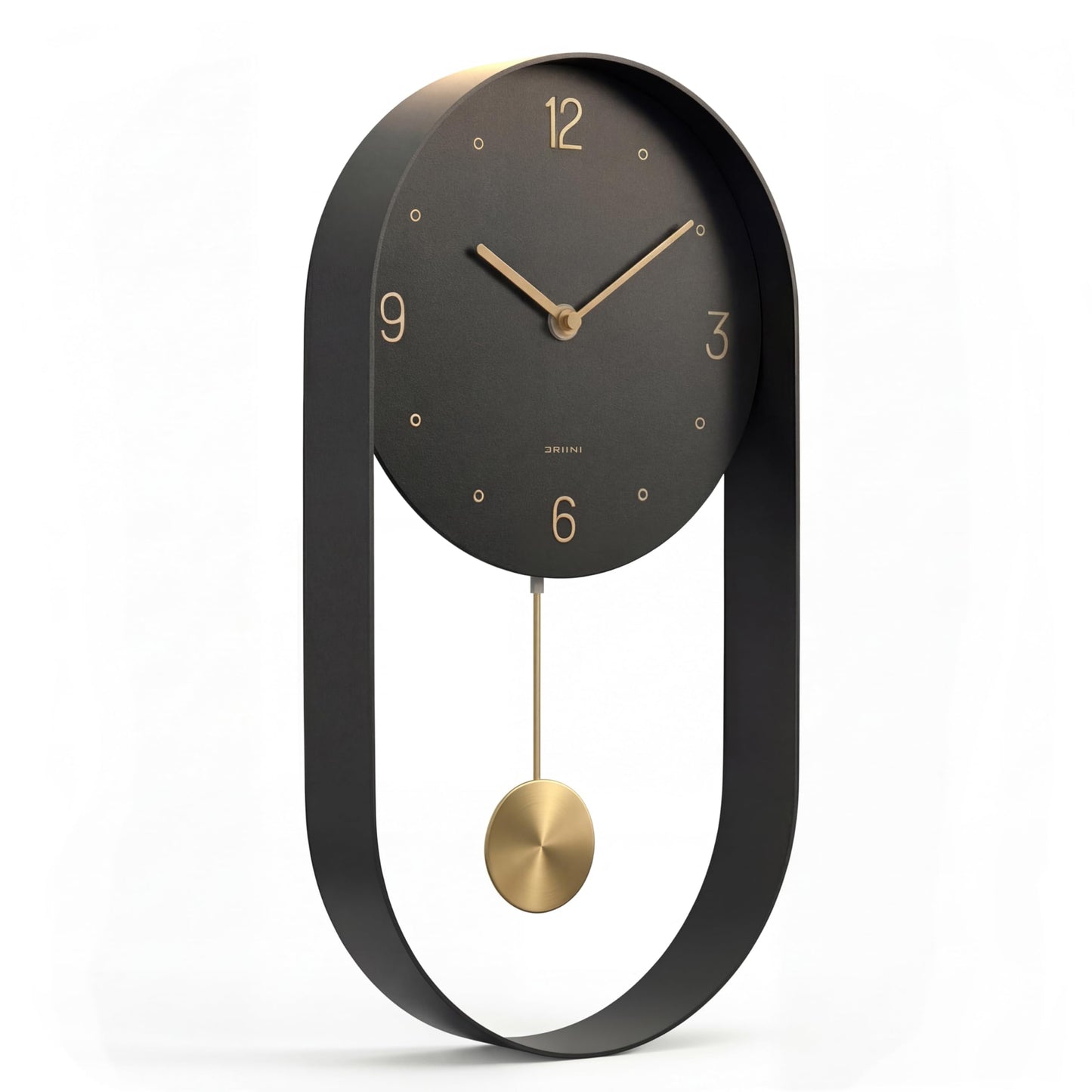 Driini Modern Pendulum Wall Clock - Decorative and Unique Metal Frame, with 8 Inch Face - Contemporary, Minimalist Design, with Silent Battery Operation - Includes Both Black and Gold Pendelum