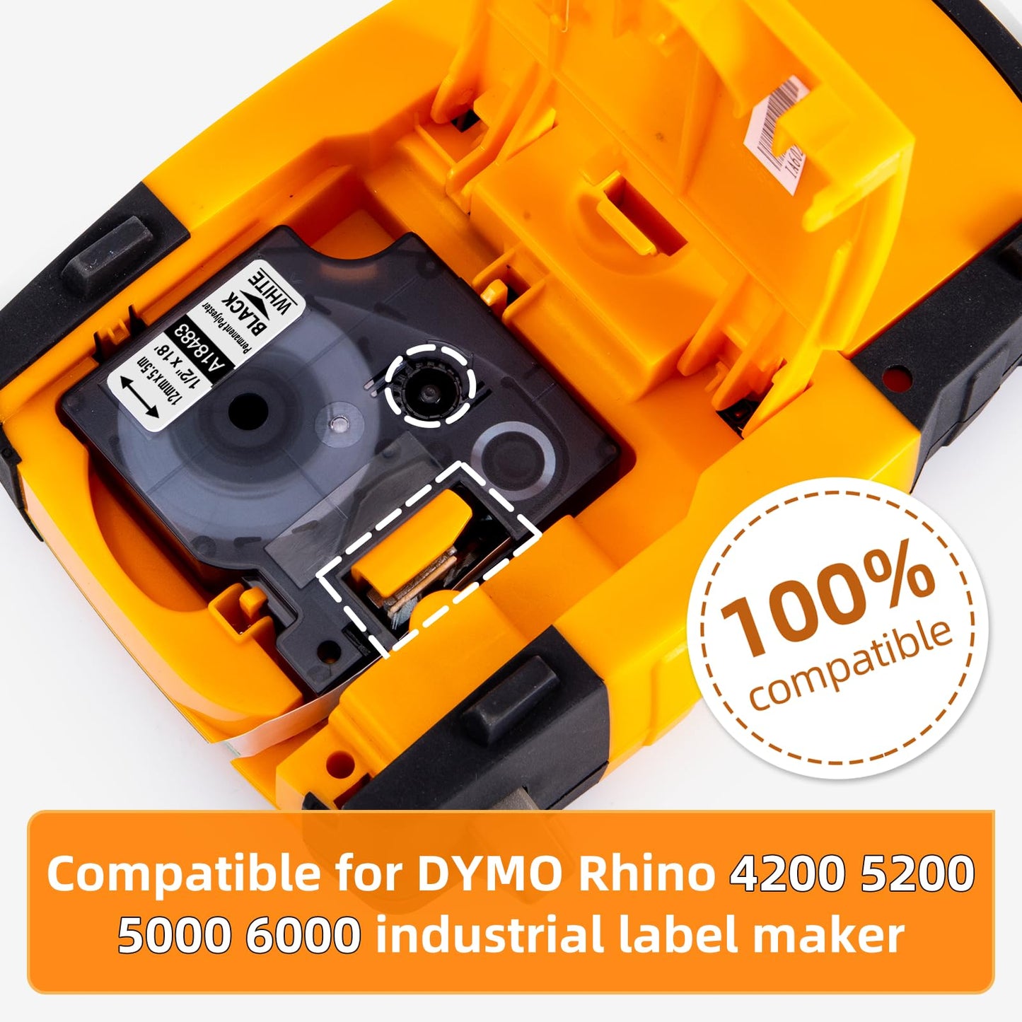 Replacement for DYMO Rhino Label Tape 1/2 18483 Permanent Polyester Refills Compatible with Dymo Rhino 4200 5200 5000 6000 6500 Industrial Label Maker,12mm Black on White 1/2" x 18', 4 Pack