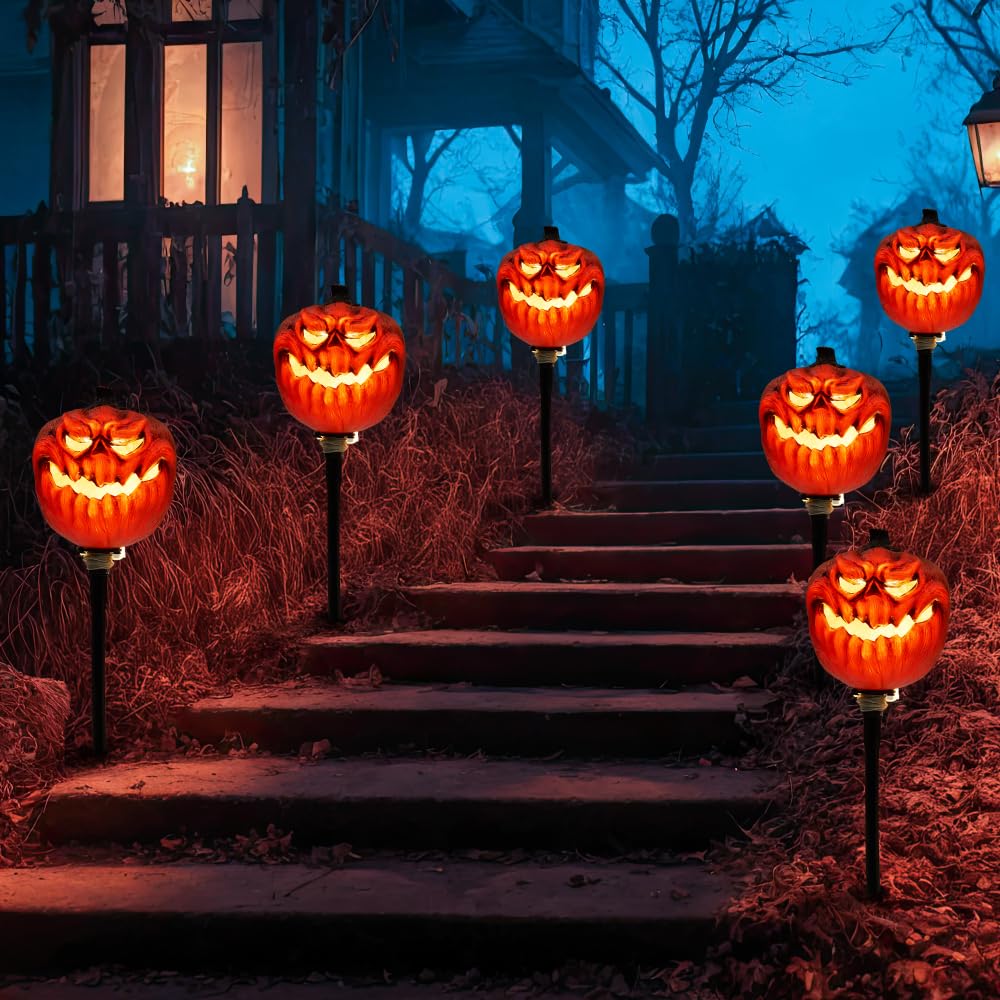 JOYIN 3 Pcs Halloween Outdoor Decorations Jack O Lantern Pumpkin Pathway Lights, Light-up Halloween Waterproof Path Maker Stakes for Graveyard Decoration Party Porch Yard Lawn Garden Decor
