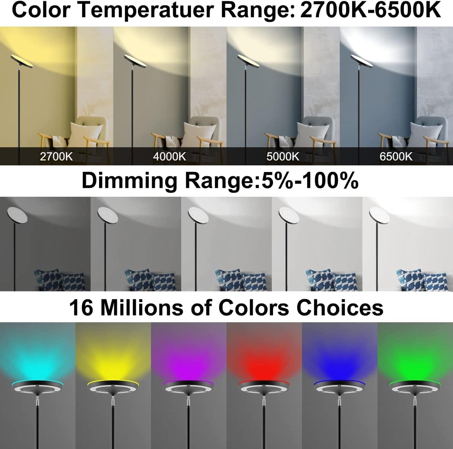 Keepsmile Double Side Lighting LED Floor Lamp with Remote Smart App,36W/2600LM Super Bright Dimmable RGB Floor Lamp,Adjustable Angle Standing Lamp for Living Room Bedroom Office Lampe Sur Pied,Black