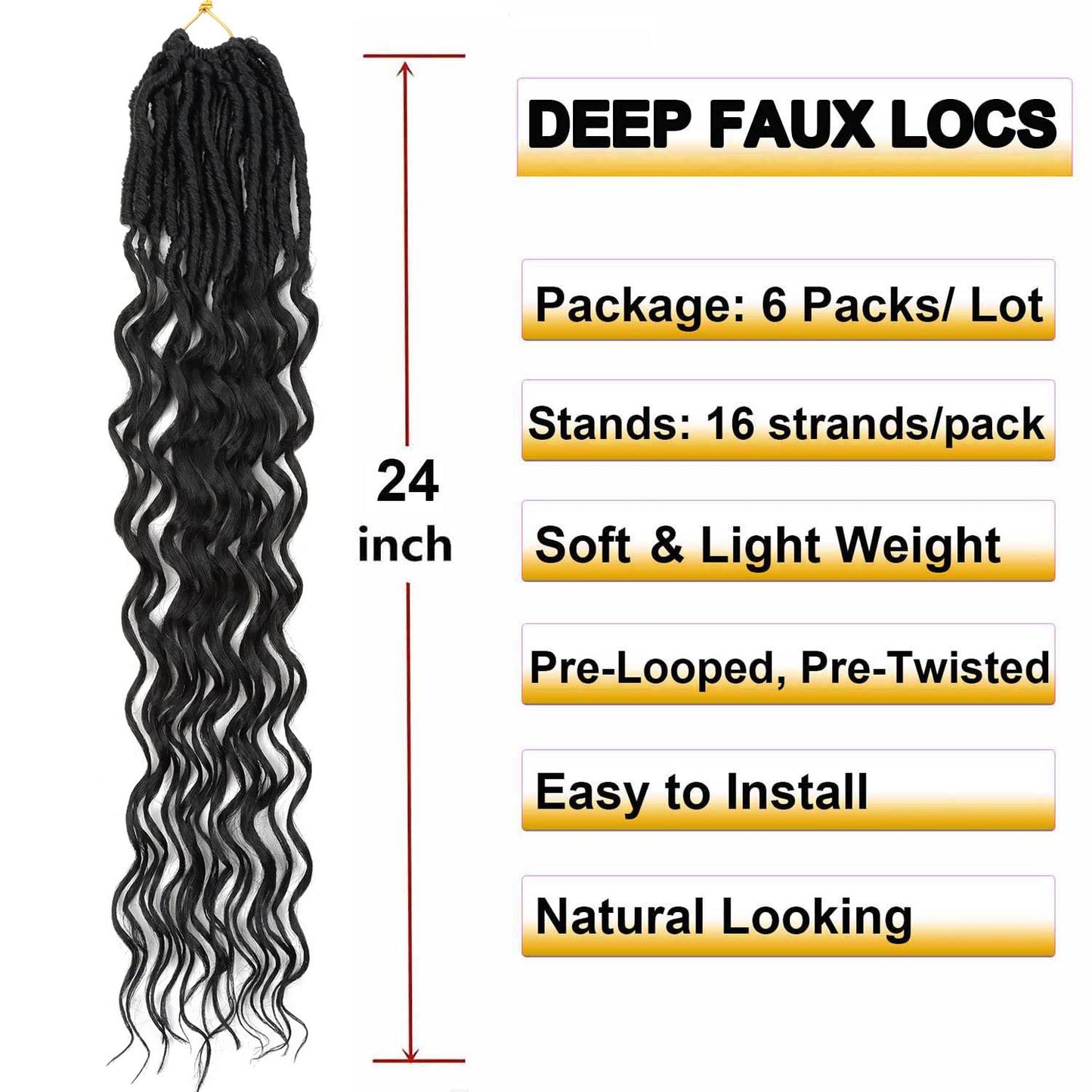 24 Inch Faux Locs Crochet Hair 6 Packs Soft Goddess Locs Crochet Braids Deep Wave Pre Looped Crochet Hair Extensions for Black Women (24 Inch, 1B)