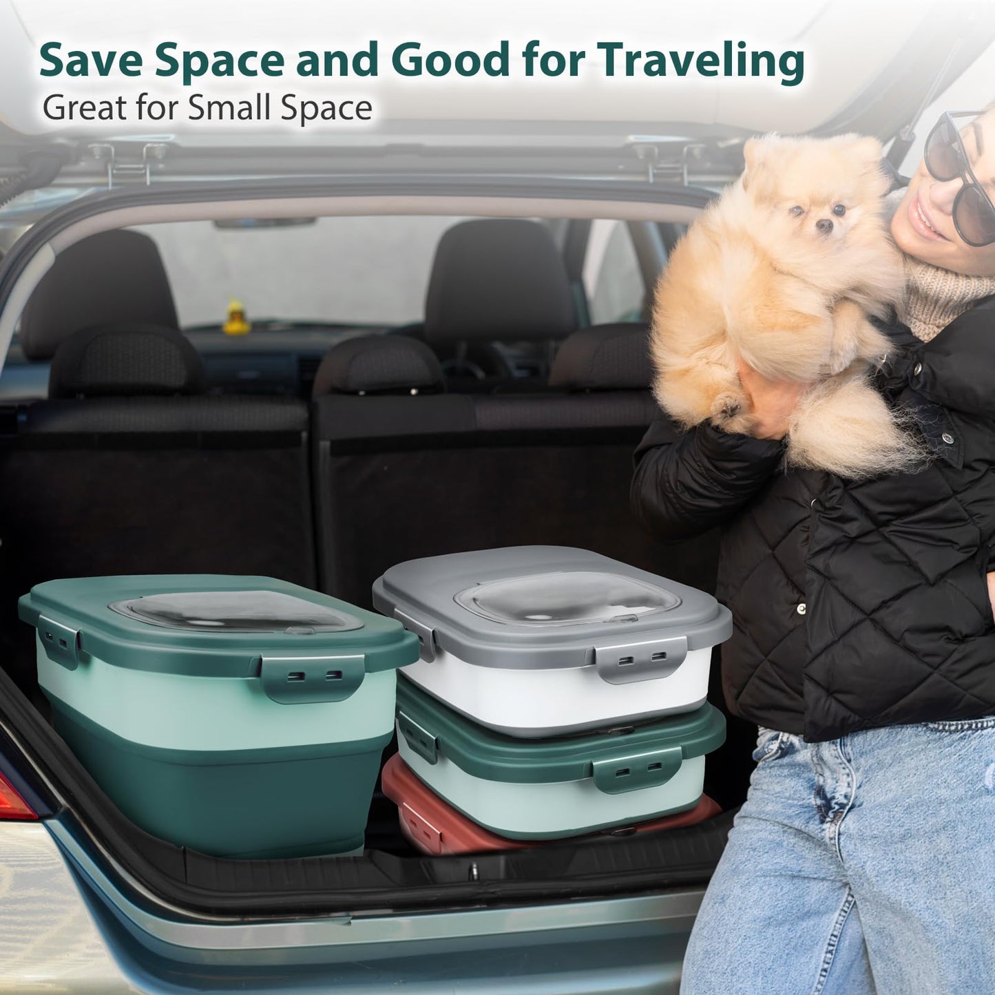 Viretec Dog Food Storage Container, 5-20Lbs Collapsible Pet Food Storage Containers with Rolling Wheel Airtight Locking Lid, Dry Food Storage Bin with Cup and Scoop,Suitable for Pet Food, Rice, Flour