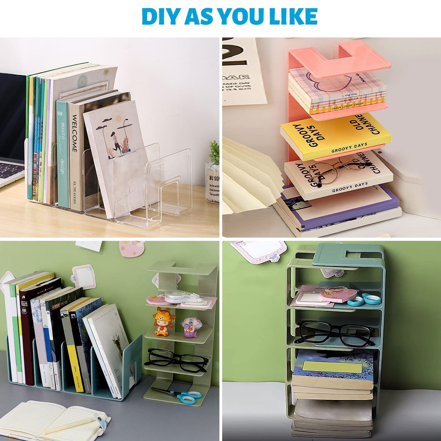 SAYEEC Acrylic File Holder, Clear File Sorter Desk File Organizer, Sturdy Desktop File Folder Organizer Rack for Envelopes Mail Letter Paper Notebook Electronics Office Supplies (4 Sections, 4 Pack)