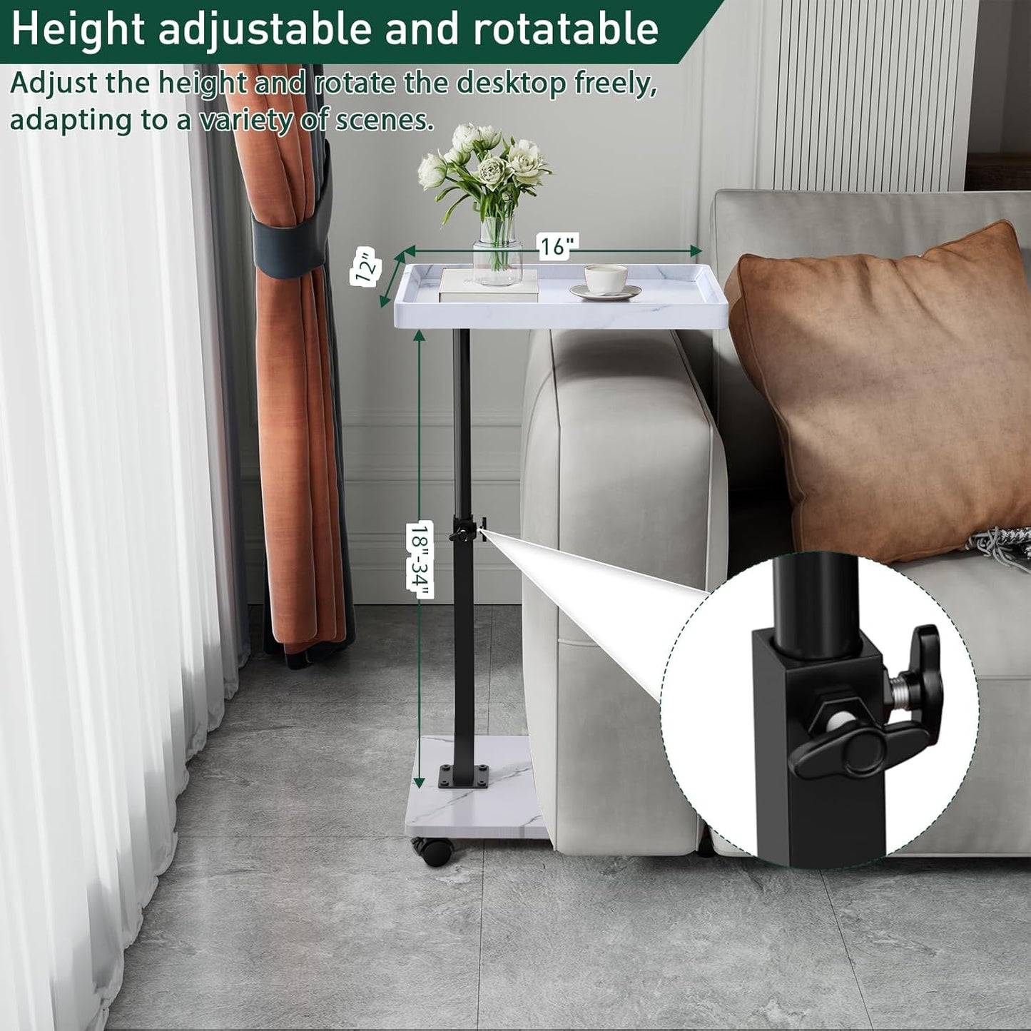 C Shaped End Table Adjustable Height, 360°Swivel TV Tray Table for Small Spaces, Rolling Couch Side Tables for Living Room, Bedroom, Bedside, Chair, Sofa, Snack (White)