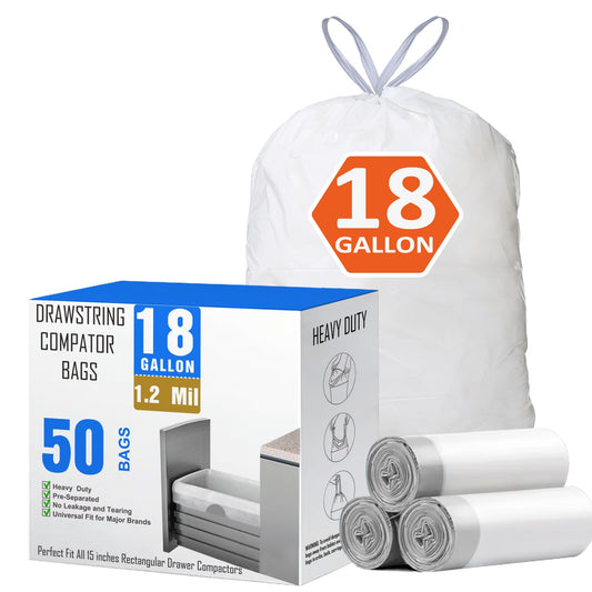18 Gallon Drawstring Compactor Kitchen Trash Bags 50 Count 1.2 Mil Heavy Duty Garbage Bags Fit for 18 Gallon & Most Kitchen Compactors Compatible with Kitchenaid, Whirpool, GE 15 Inch Compactors