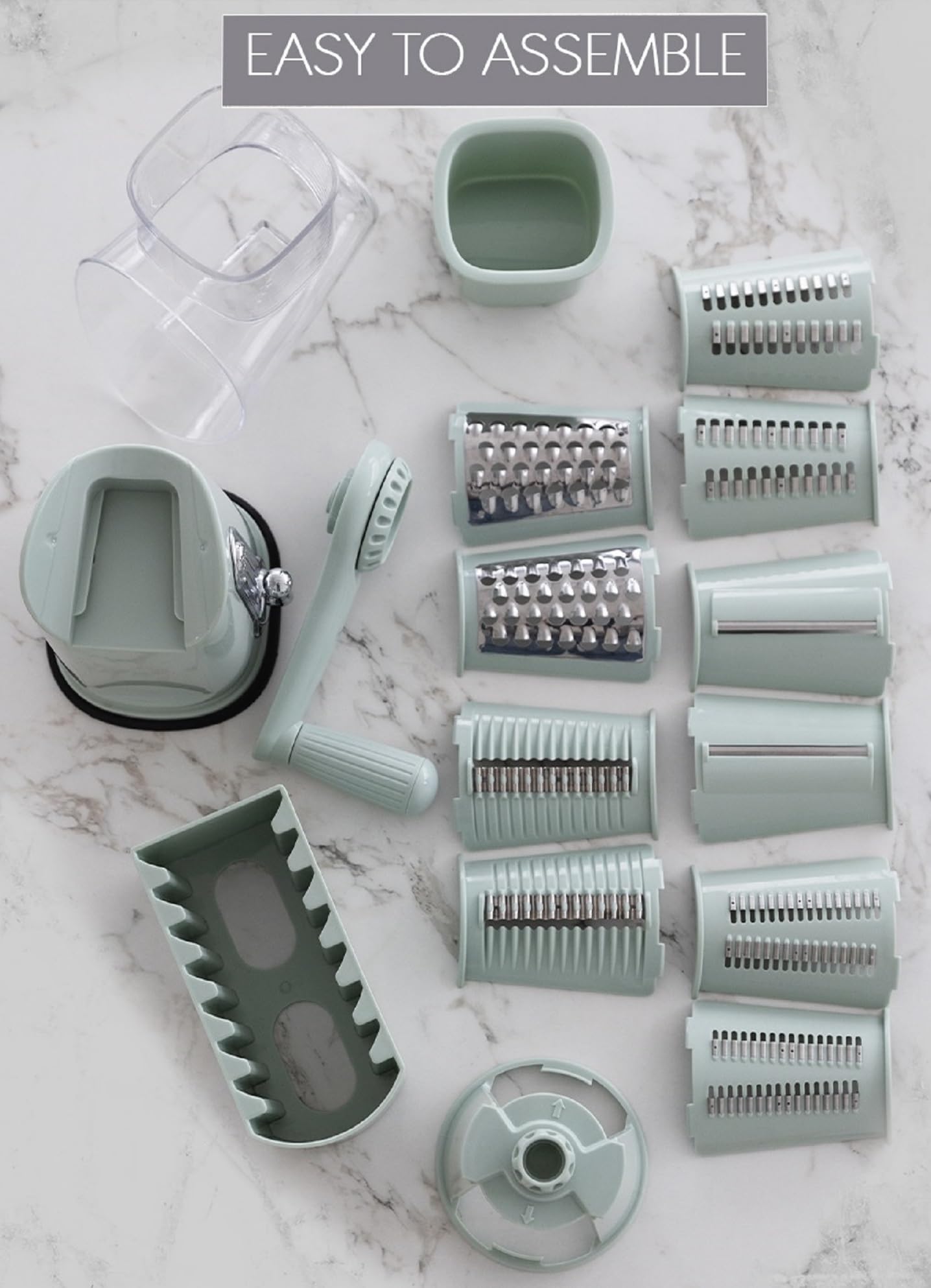 Rotary Cheese Grater 5-in-1 with Handle – Vegetable Slicer, Shredder, Carrot Grater, Nut Grinder & Chocolate Shaver, Durable Stainless Steel Blades (Light Green)
