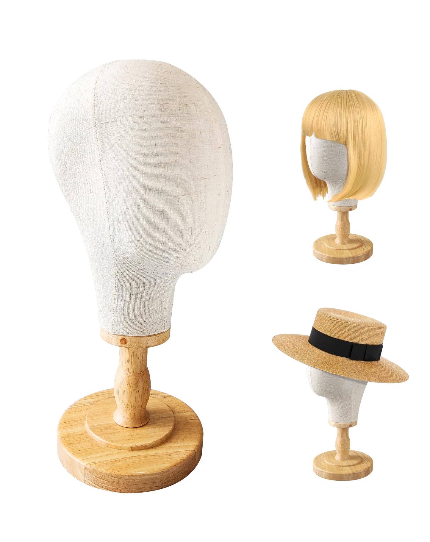 CHADWICK 21" Wig Head Stand, Mannequin Head Dome Canvas + Detachable Wood Stand, Hats Caps Display Canvas Block Mannequin Head Model
