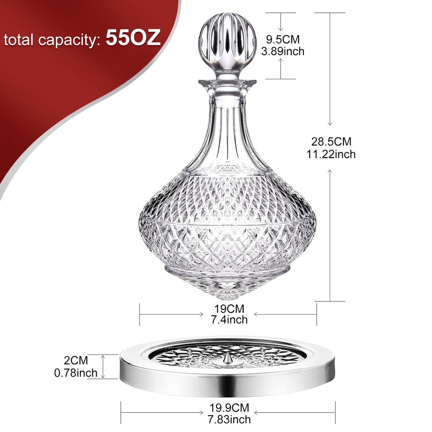 Paysky Red Wine Decanter 50oz/1500ml, Wine Carafe Decanter Made of Lead-Free Crystal Glass, 360° Rotating Decanters for Whisky and Wine, Decanter Gift Box Design for Men Women Gifts
