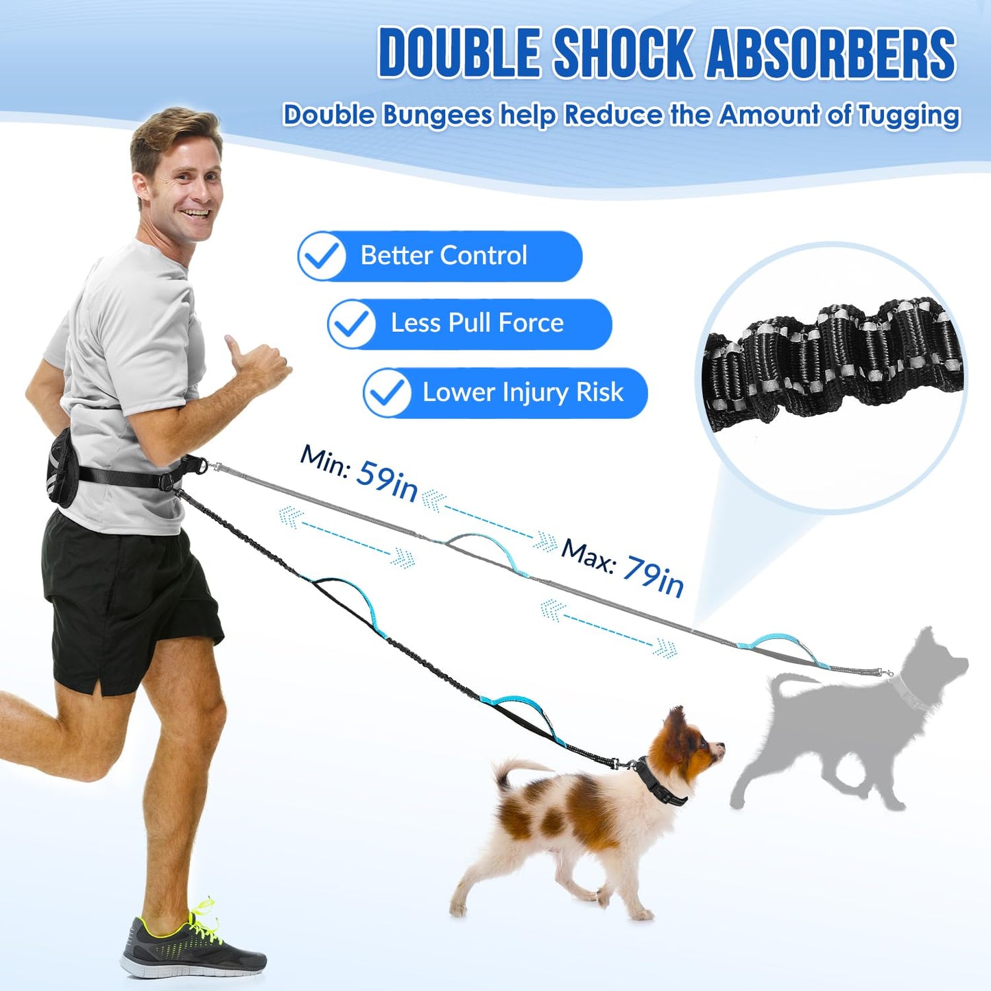 AUTOWT Hands Free Dog Leash for 2 Dogs, Dual Padded Handles and Durable Elastic Bungees with Zipper Pouch, Double Dog Leash with Adjustable Waist Belt for Walking, Jogging and Running(Light Blue, XL)