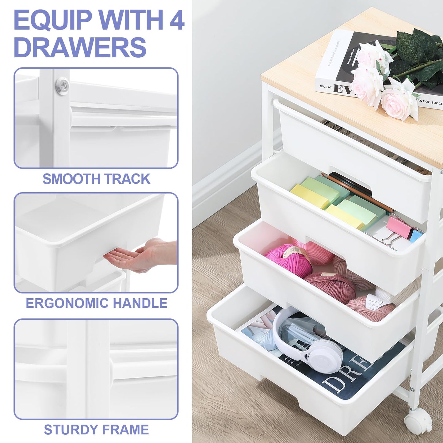 SYKIARIOL Utility Cart with 4 Drawers,Rolling Storage Cart with Drawers,Storage Rolling Drawer Cart with Wooden Tabletop for Bedroom,Kid's Room,Dorm,Classroom,Office,Bright White