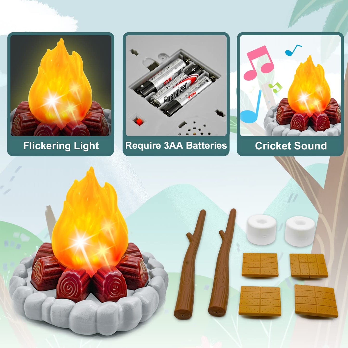 Camping Toys for Kids - Pretend Campfire for 3 4 5 6 7 Year Old Boys Girls - Pretend Play with Toy Campfire/Play Food/Oil Lantern/Kids Explorer Kit